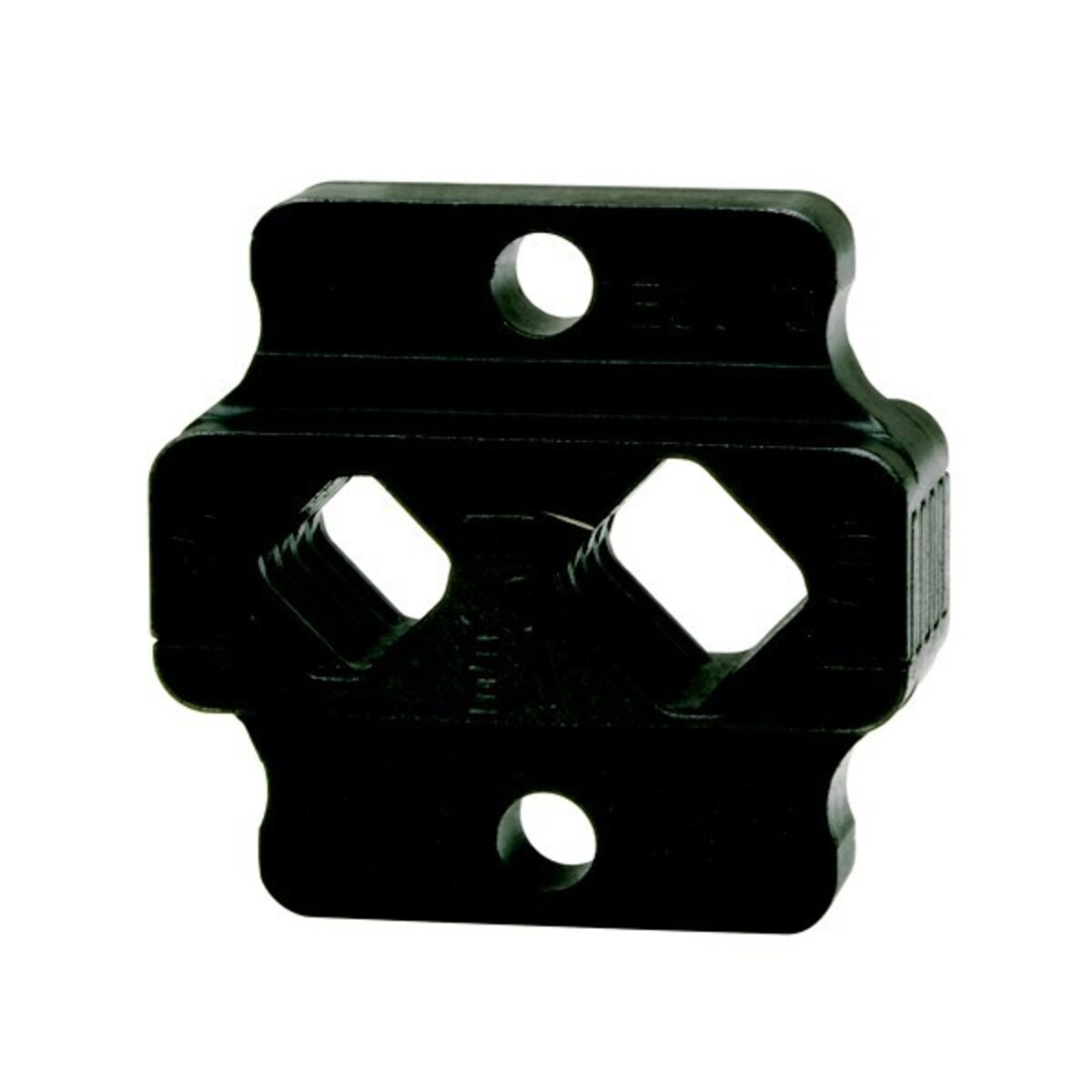 Un componente nero e rettangolare con due aperture quadrate e due fori rotondi.