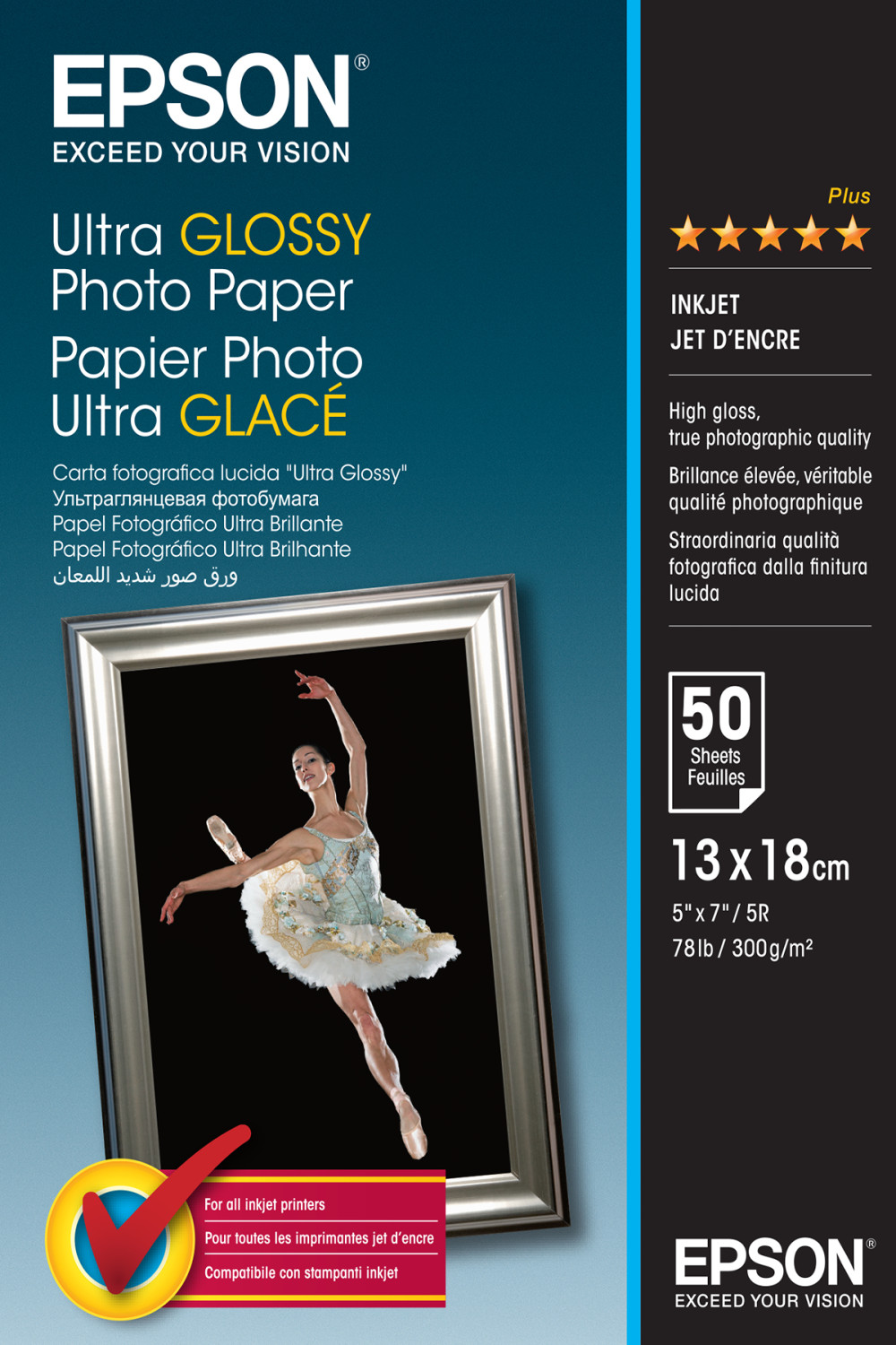 Carta fotografica Epson Ultra Glossy con ballerina in cornice argentata.