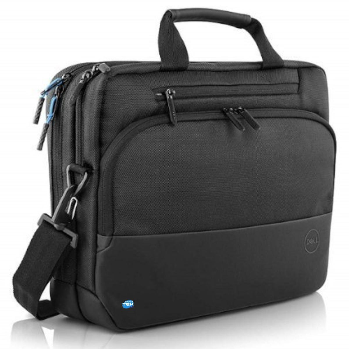 Borsa nera per laptop con manici, tracolla e logo Dell.