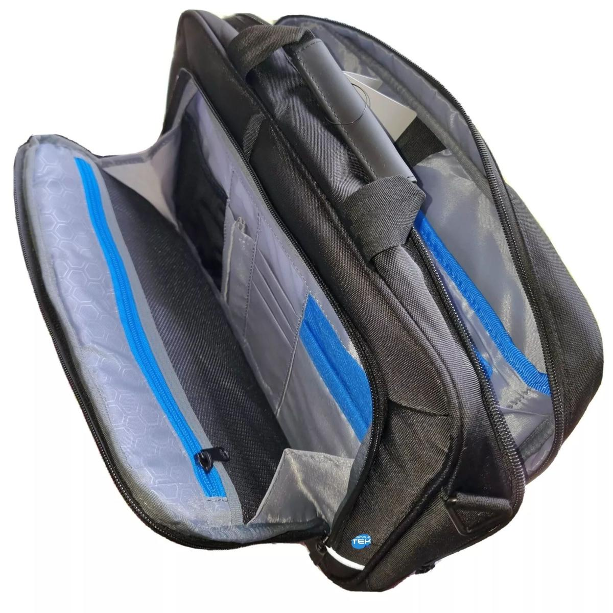 Una borsa nera con più scomparti e accenti blu, aperta.