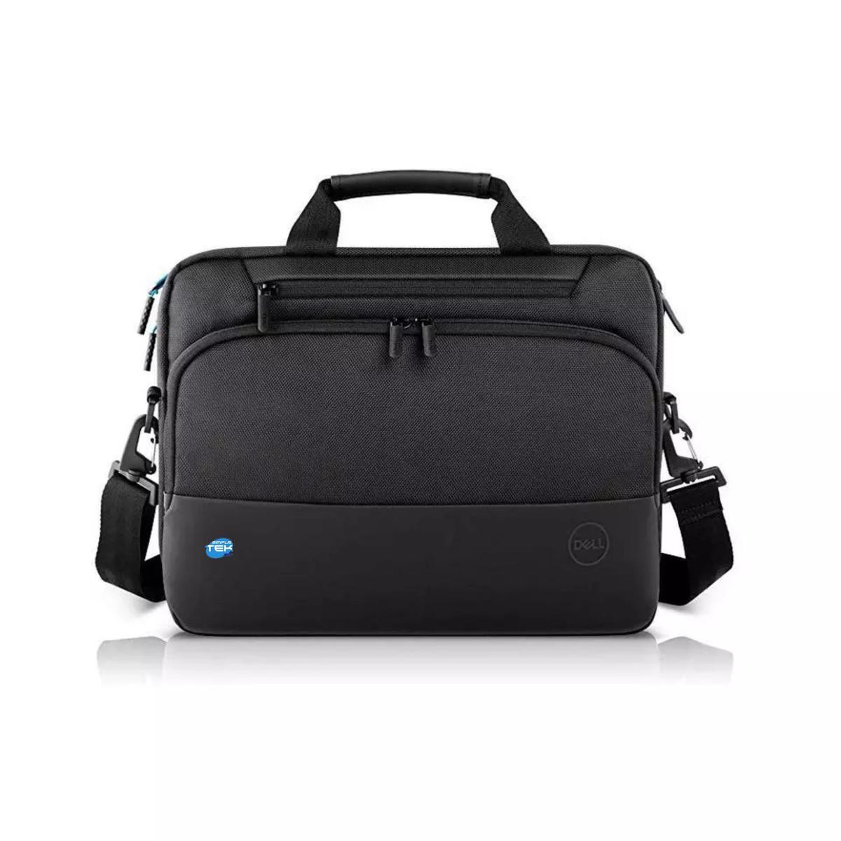 Borsa nera per laptop Dell con manico, tracolla e tasche. Con loghi.