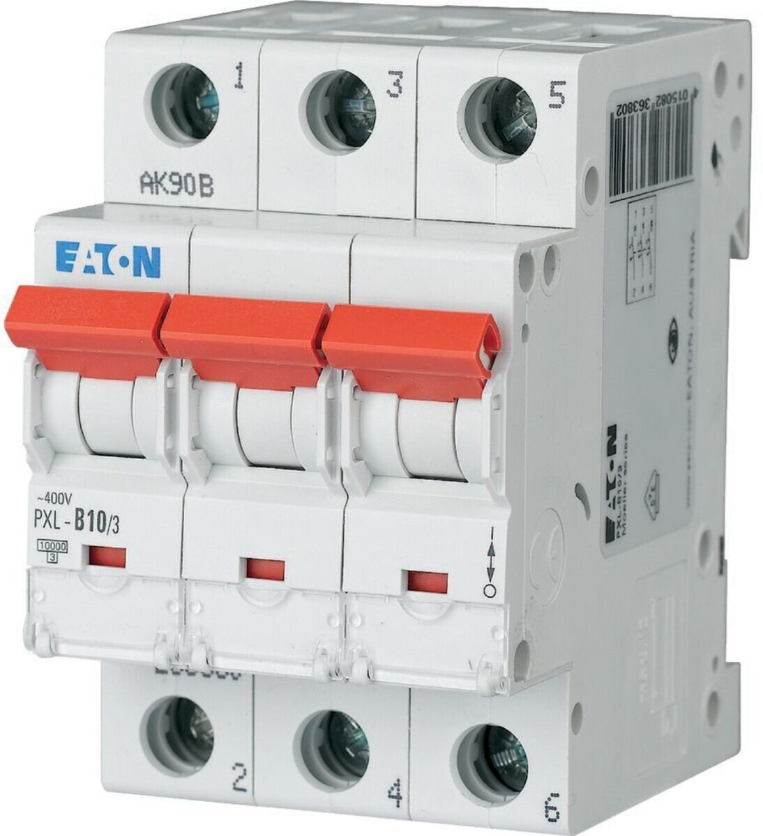 Interruttore Eaton AK90B bianco con tre interruttori rossi ed etichette.