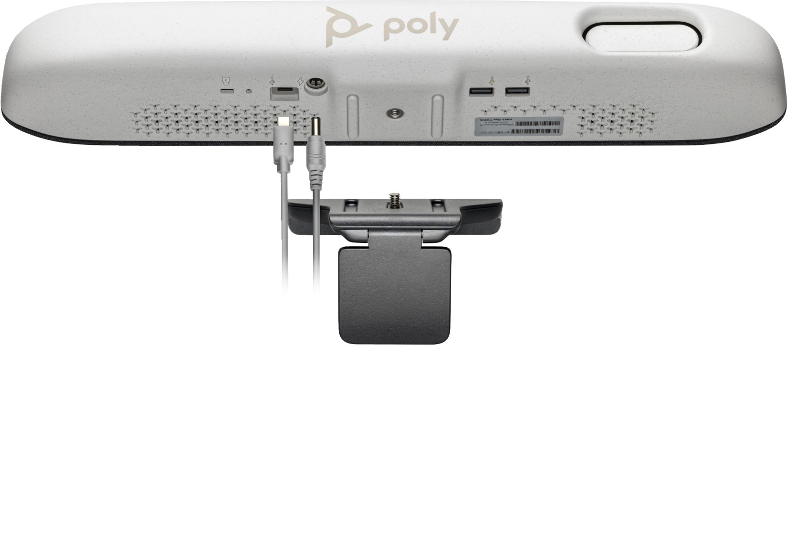 Logo de Poly en un dispositivo blanco con puertos y cables. Se adjunta un soporte de cámara negro.