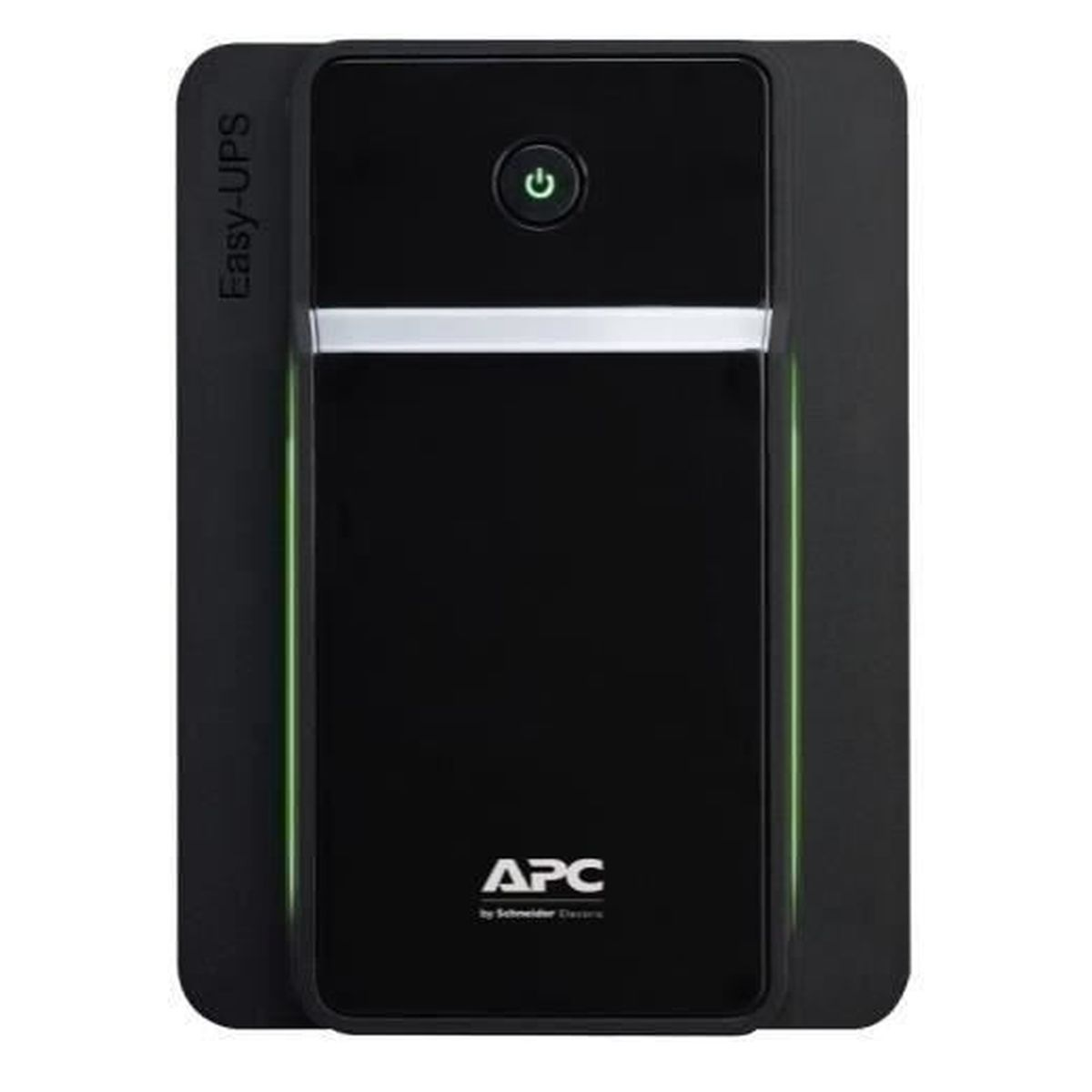Yeşil güç düğmesi ve ışıkları olan siyah APC Easy-UPS.