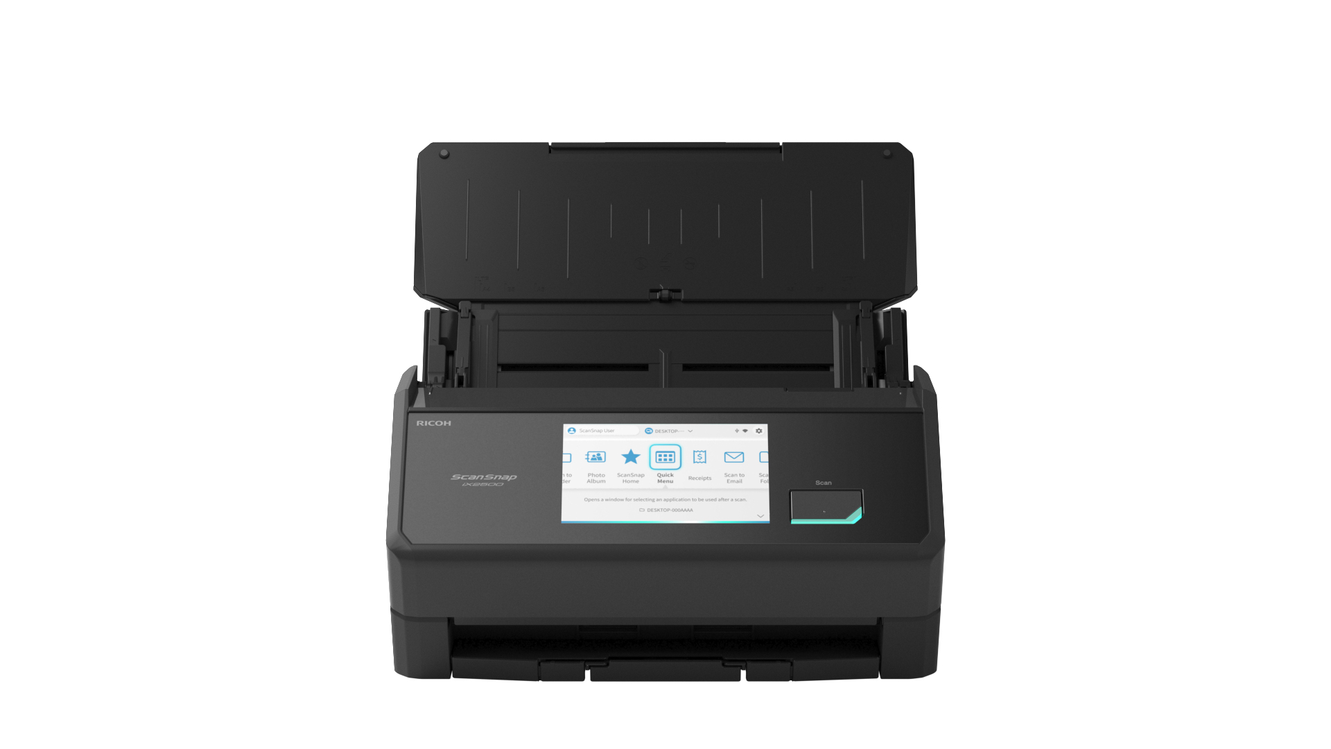Uno scanner Ricoh ScanSnap IX2600 nero con coperchio aperto, che mostra il touchscreen.