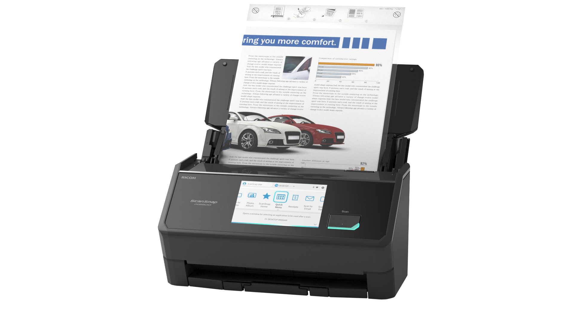 Uno scanner Ricoh ScanSnap IX500 nero che visualizza un documento con auto e grafici.