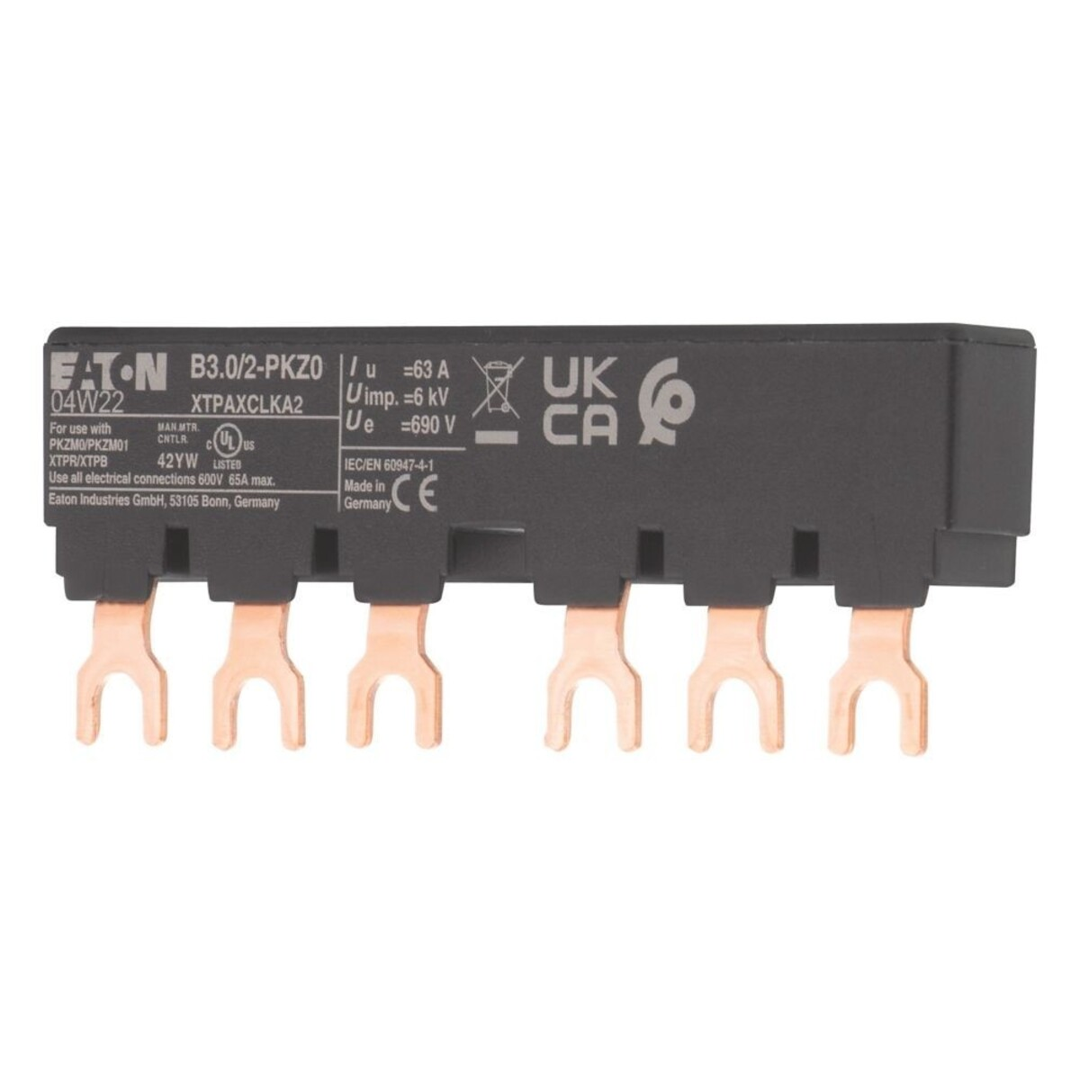 Interruttore Eaton B3.0/2-PKZO, 63A, 690V, con testo.