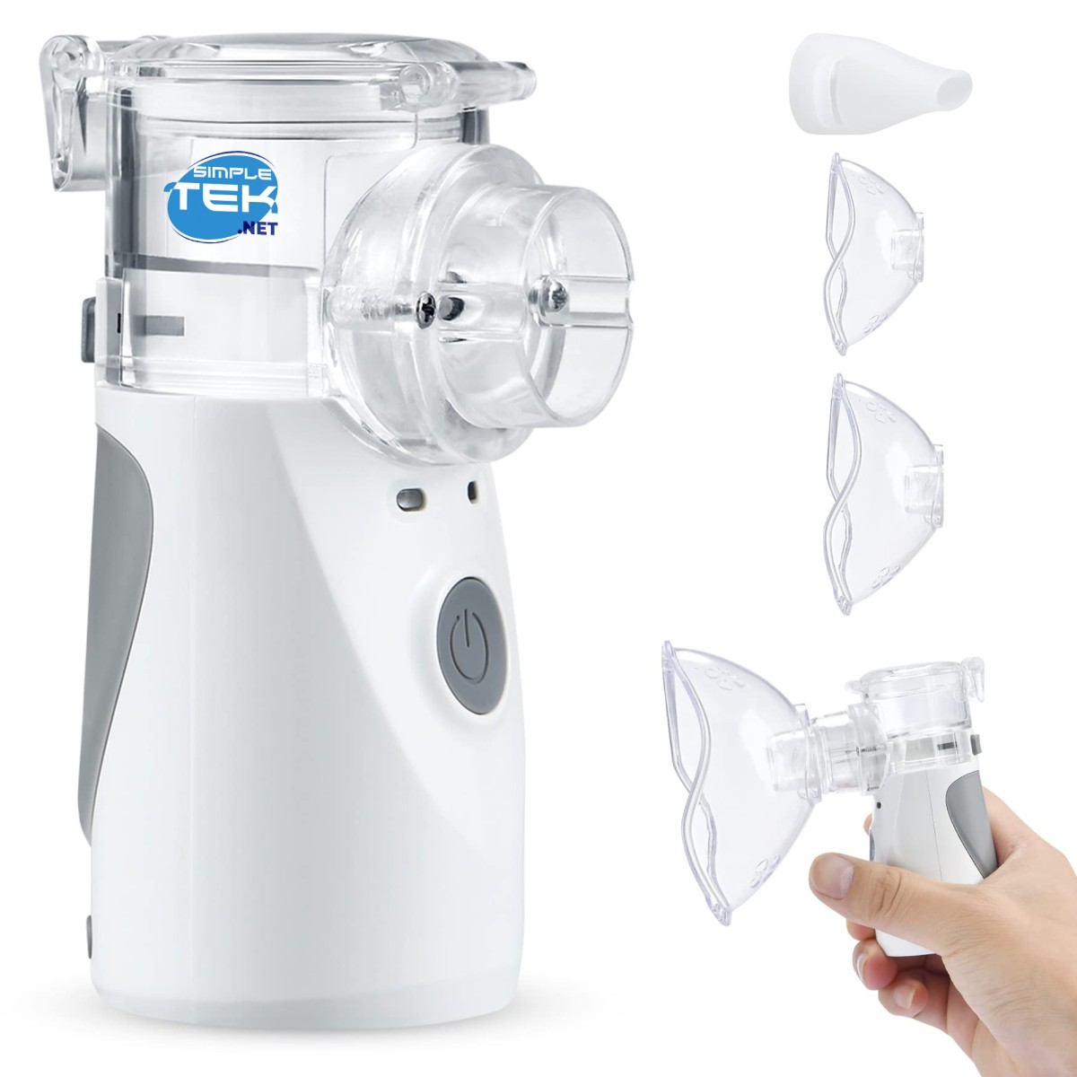 Nebulizzatore bianco e grigio con accessori trasparenti. Una mano tiene una parte più piccola.