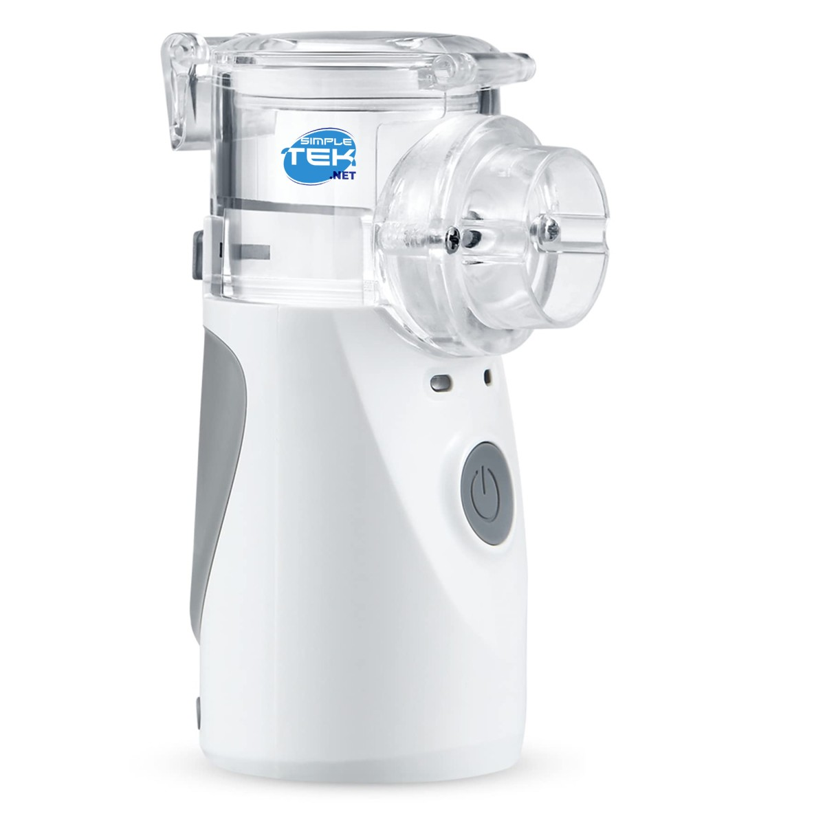 Un nebulizzatore portatile con serbatoio trasparente e corpo bianco con finiture grigie.