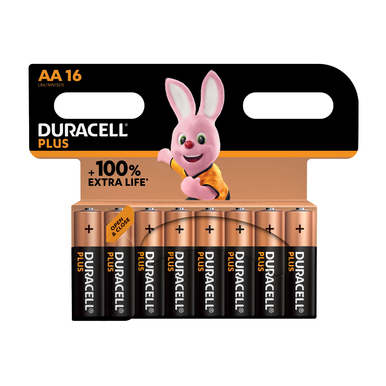 Acht Duracell AA Plus Batterien in Verpackung mit pinkem Hasenmaskottchen und "+100% Extra Life" Text.
