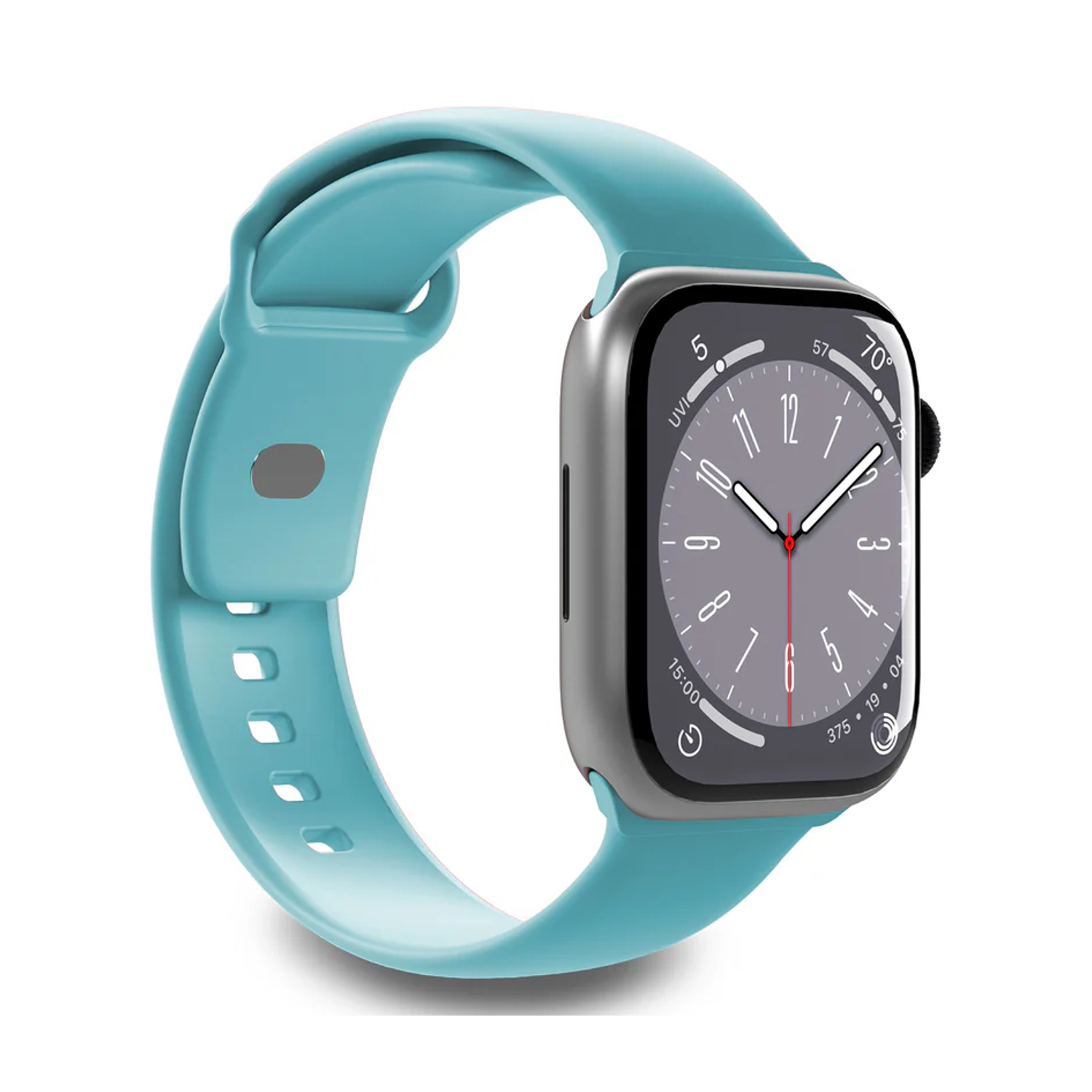 Niebiesko-zielony smartwatch ze srebrną obudową i szarym wyświetlaczem cyfrowym.