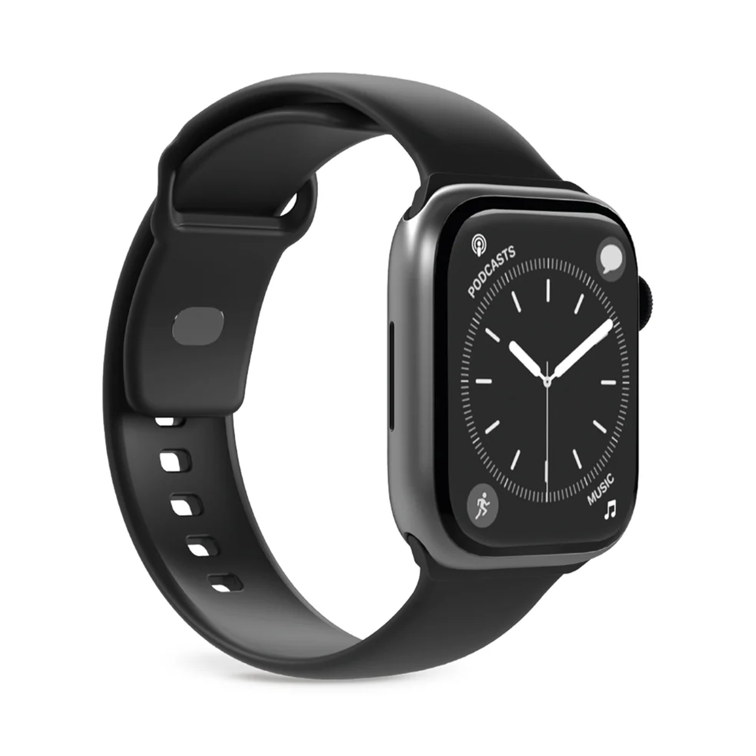Un Apple Watch negro con banda gris oscuro se muestra sobre fondo blanco.