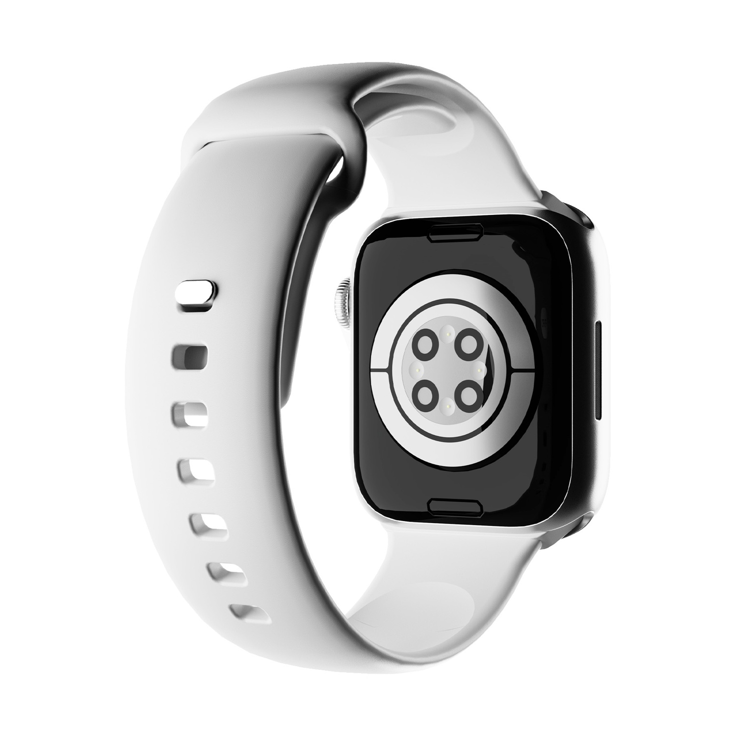 Vista trasera de un reloj inteligente blanco con pantalla negra y botones plateados.