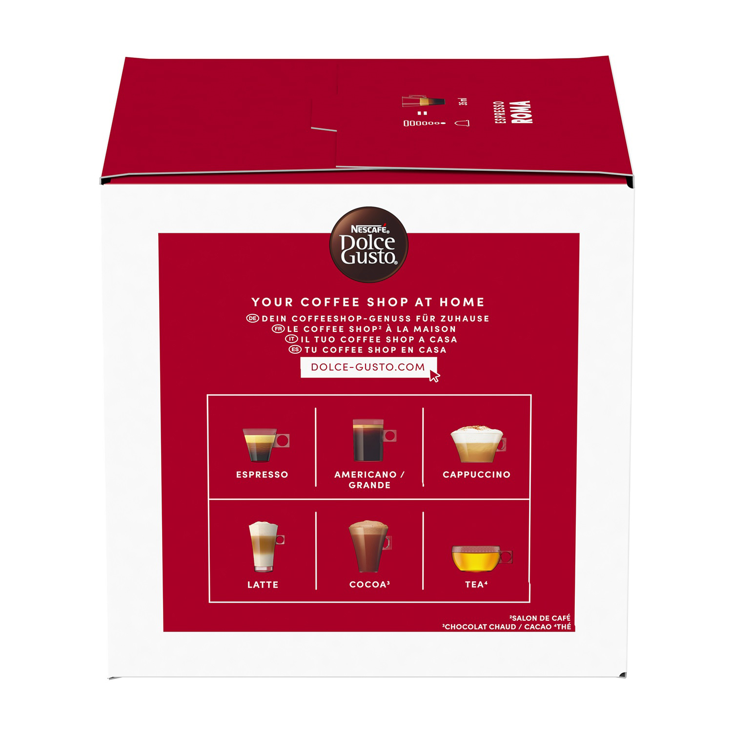 Nescafé Dolce Gusto Packung zeigt Espressotassen, Cappuccino, Latte, Kakao und Tee.