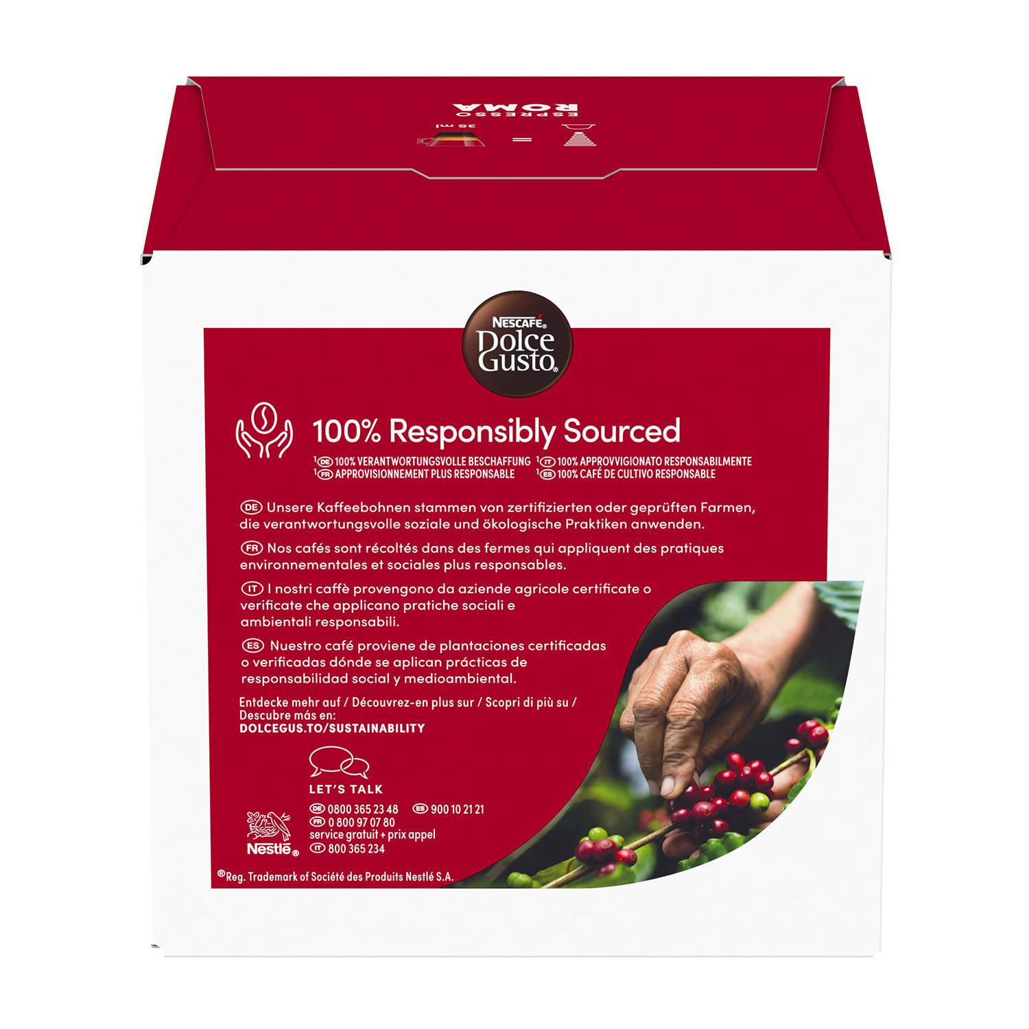 Verpackung von Nescafé Dolce Gusto mit Kaffeekirschen und Erläuterungen zu verantwortungsvoller Beschaffung.