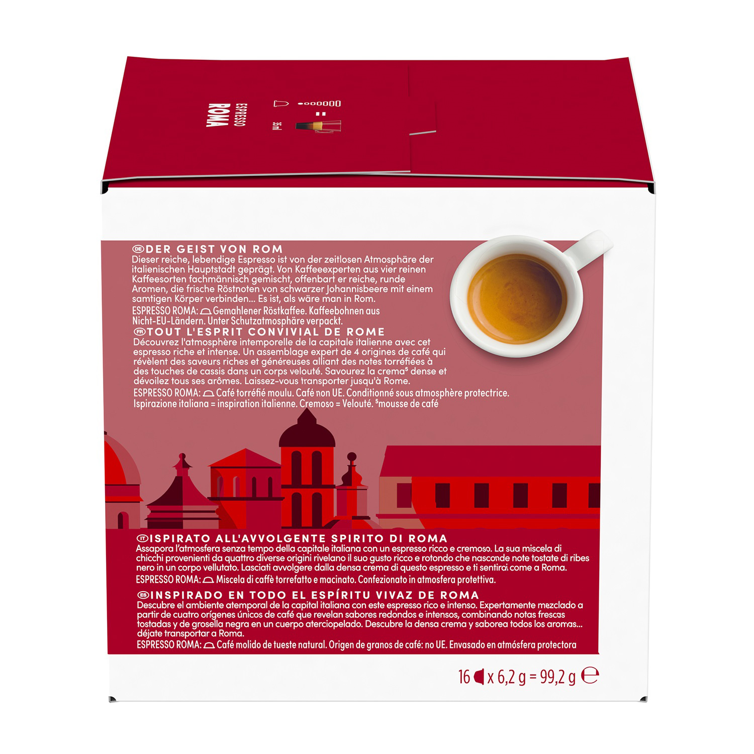 Verpackung mit Espresso-Tassen-Motiv und Text über italienischen Kaffee.
