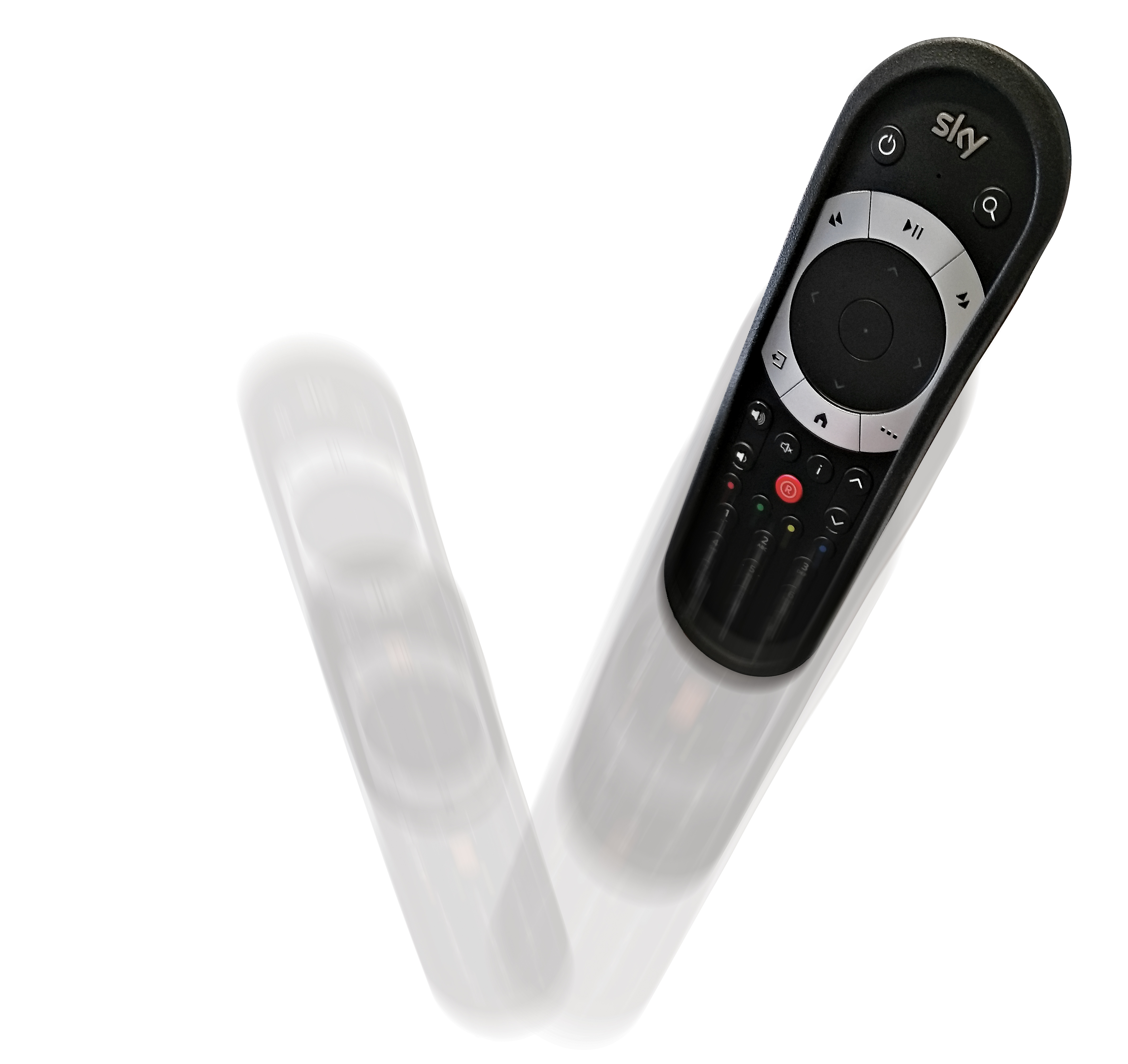 Un telecomando Sky nero con pulsanti che ruotano su sfondo bianco.