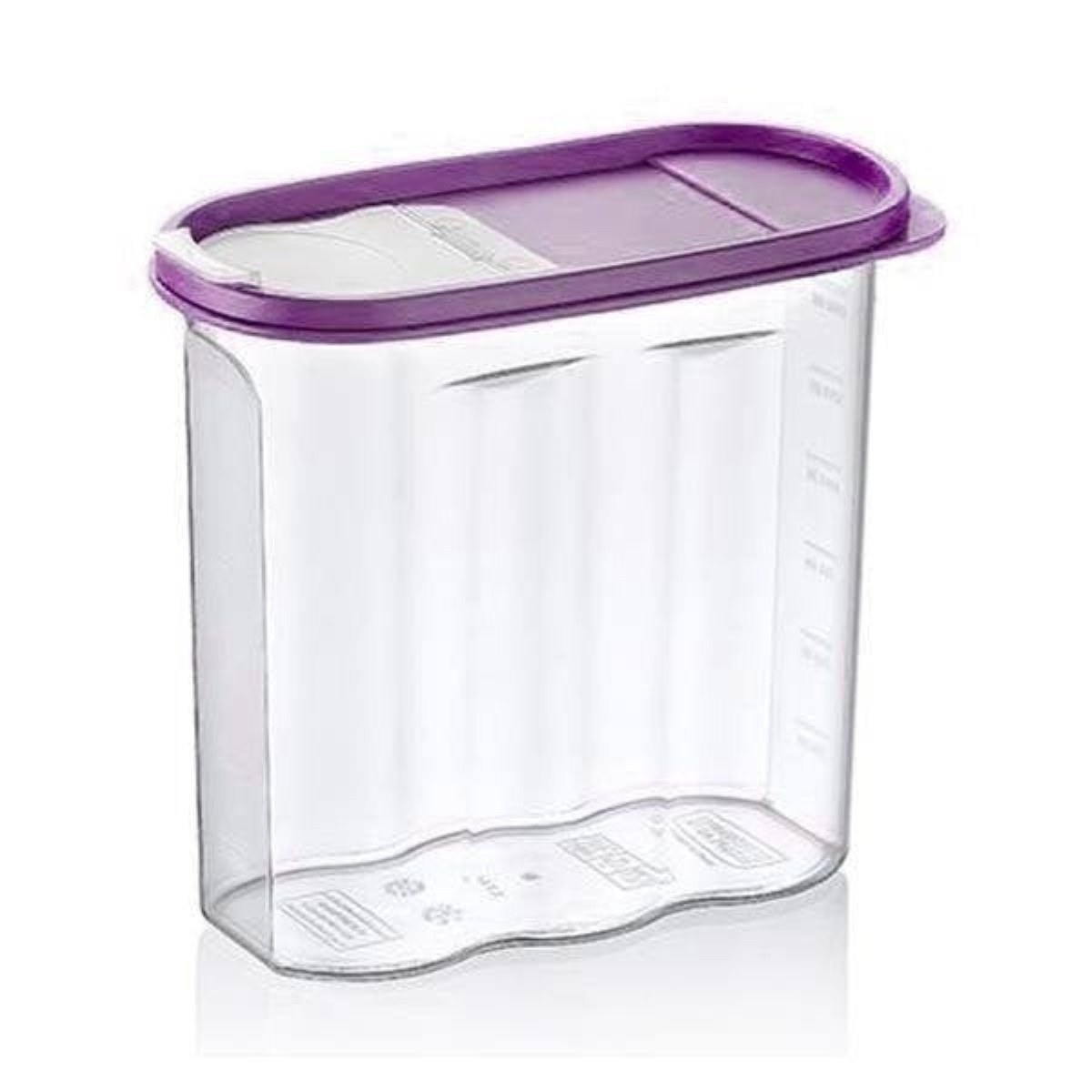 Contenedor oval de plástico transparente con tapa morada y marcas de medición en el lateral.