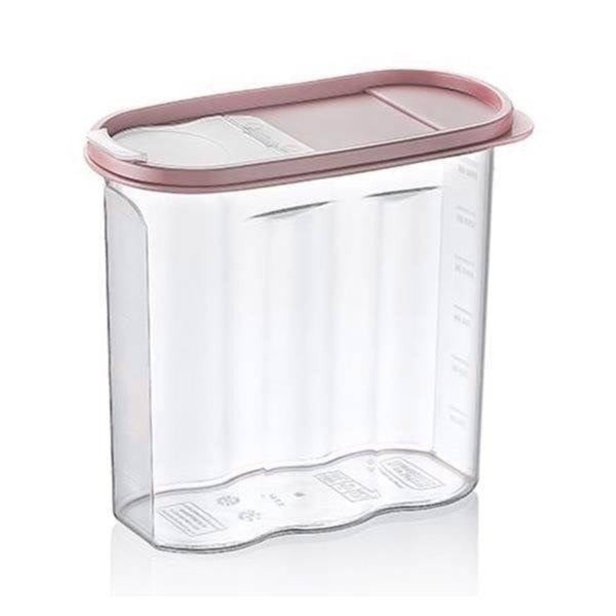Un recipiente de plástico transparente con tapa rosa se muestra sobre fondo blanco.