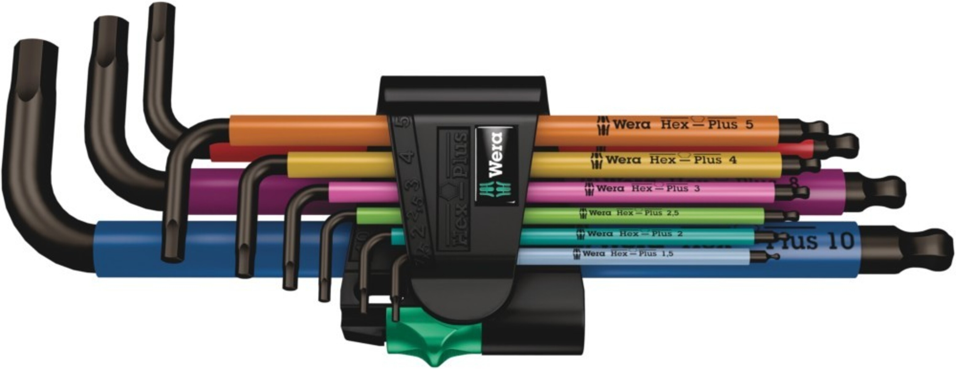 Un set di attrezzi Wera Hex-Plus di vari colori, ordinatamente disposti in un supporto.