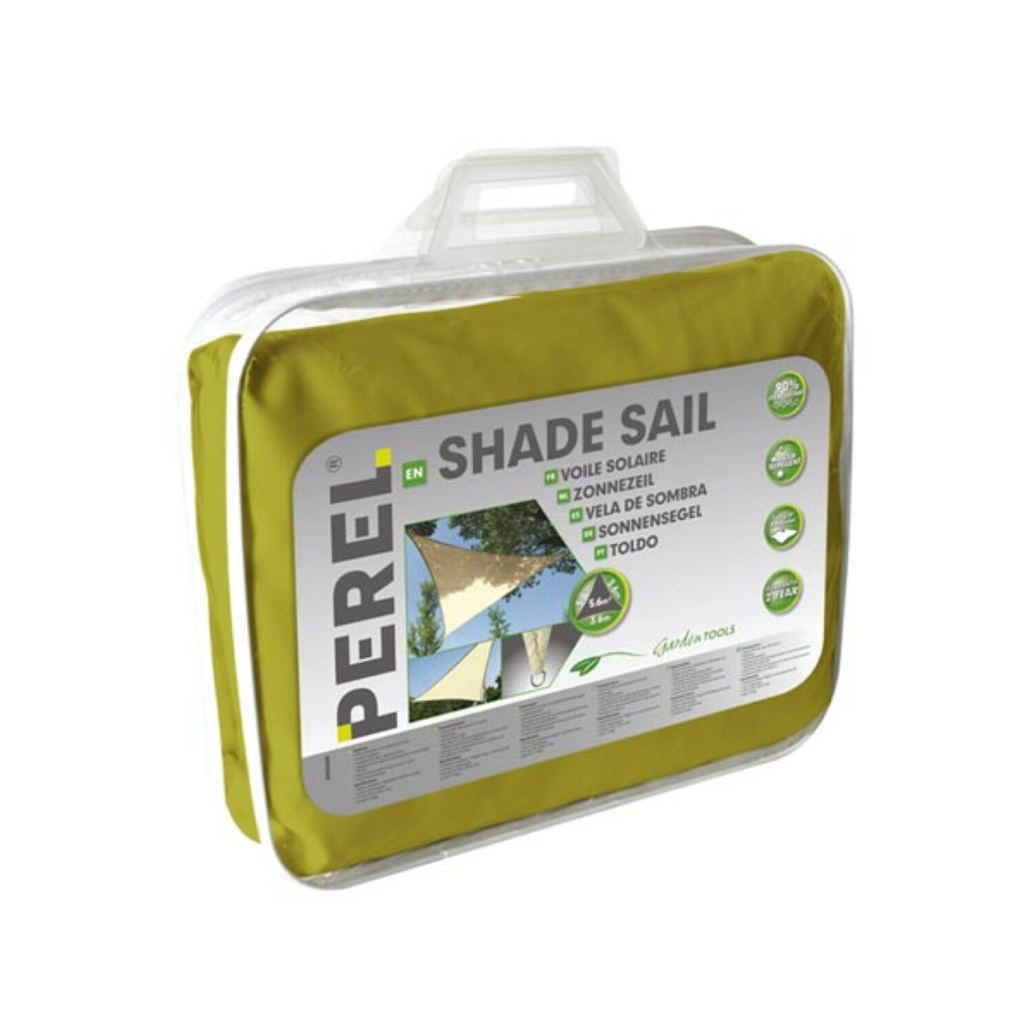 Perel Sonnensegel in gelber Verpackung mit Produktbild und mehrsprachigem Text.