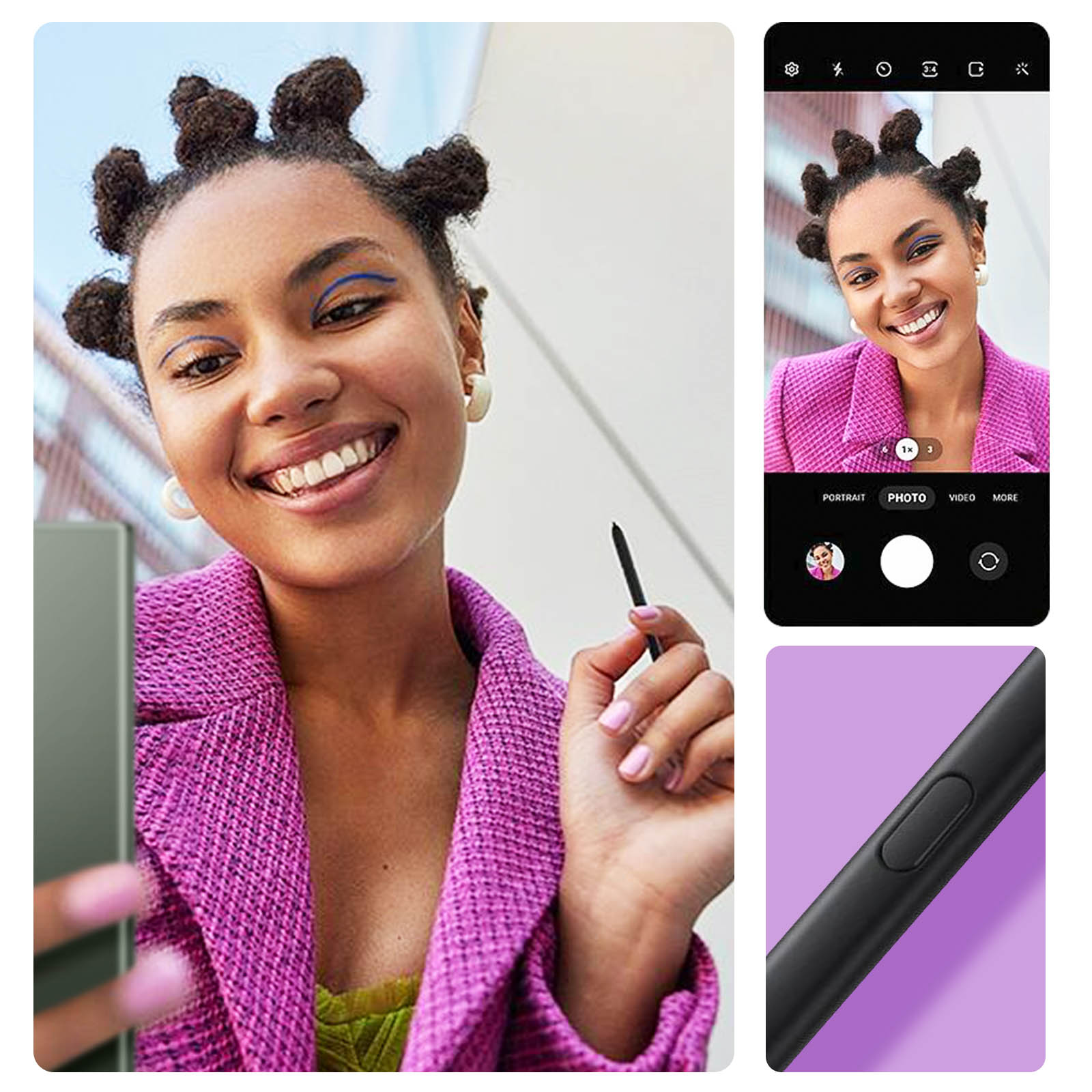 Una donna con chignon e eyeliner blu sorride. Indossa una giacca viola.