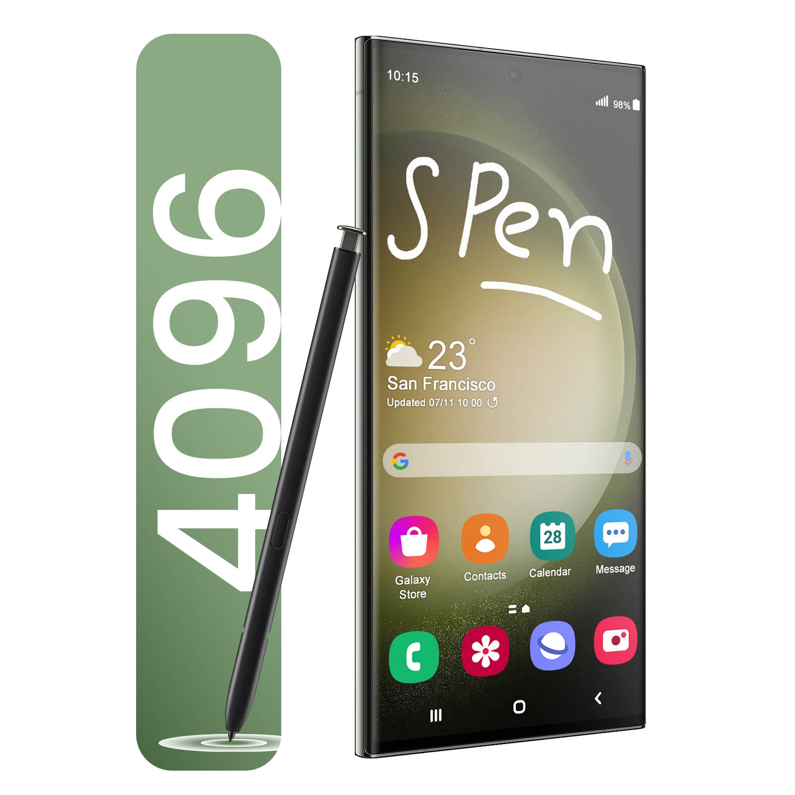Una S Pen nera riposa accanto a uno smartphone che mostra 'S Pen' e il meteo di San Francisco.