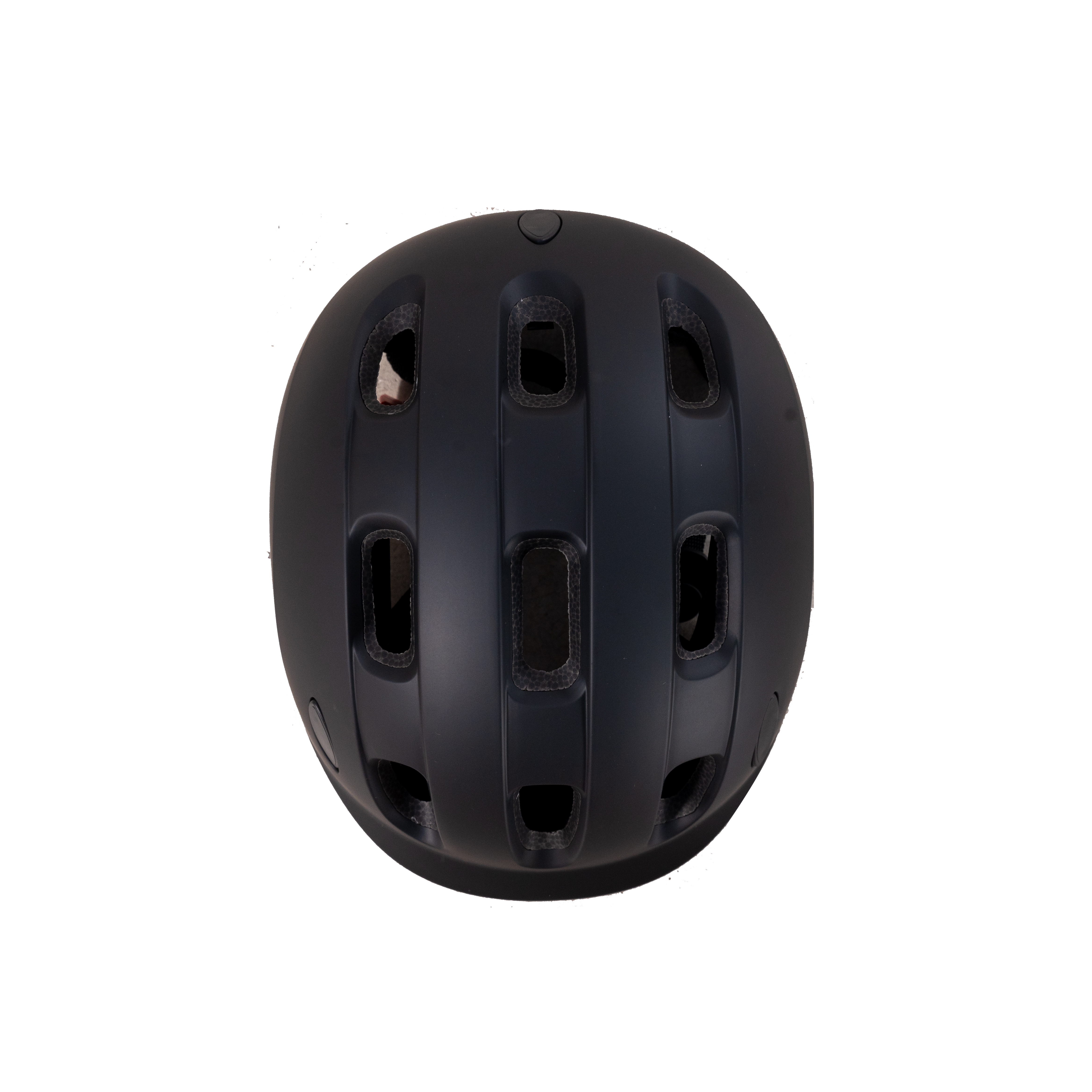 Ein dunkelgrauer Fahrradhelm mit Lüftungsschlitzen und Polsterung, von oben betrachtet.