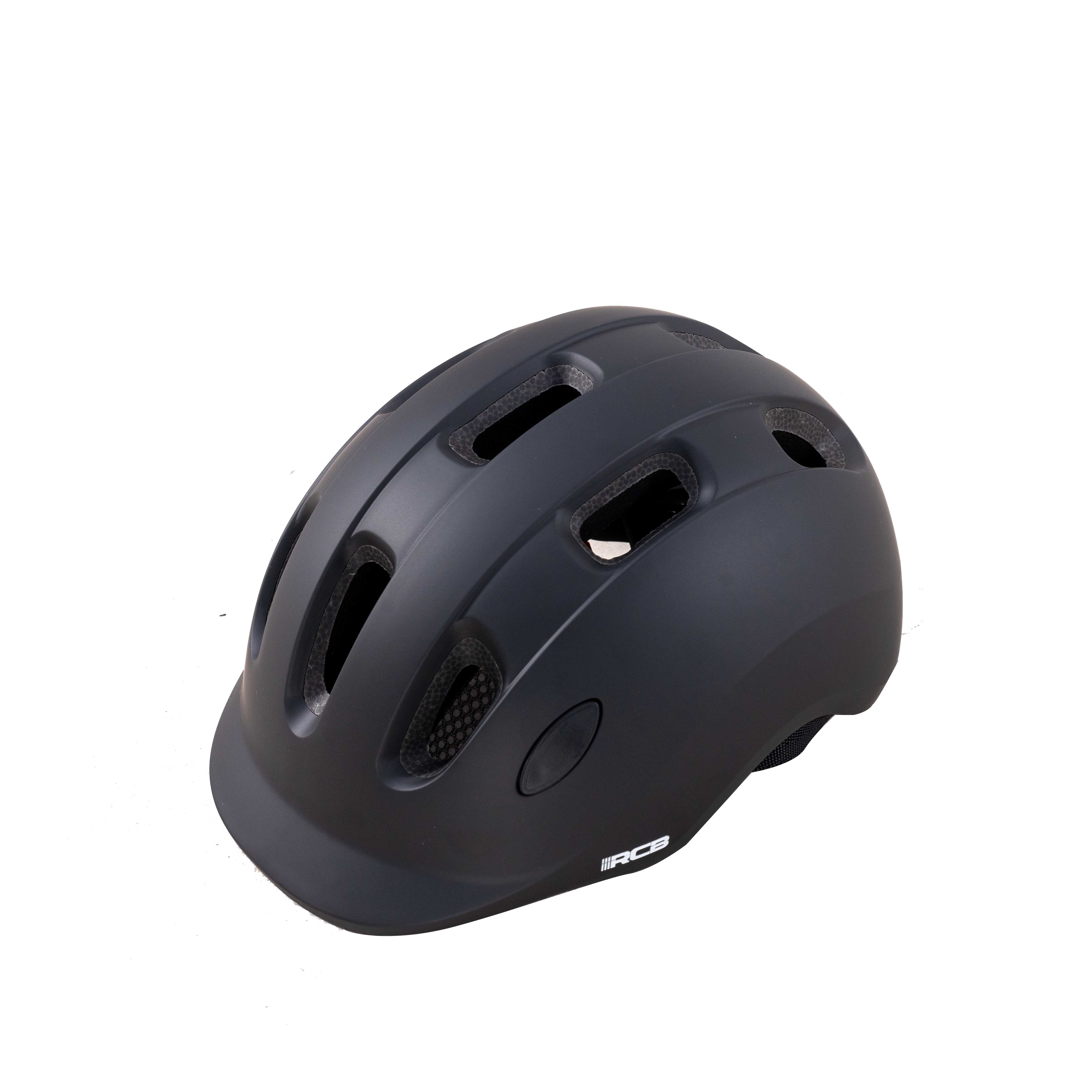 Ein schwarzer Fahrradhelm mit Lüftungsschlitzen und Visier. RCB-Logo an der Seite.