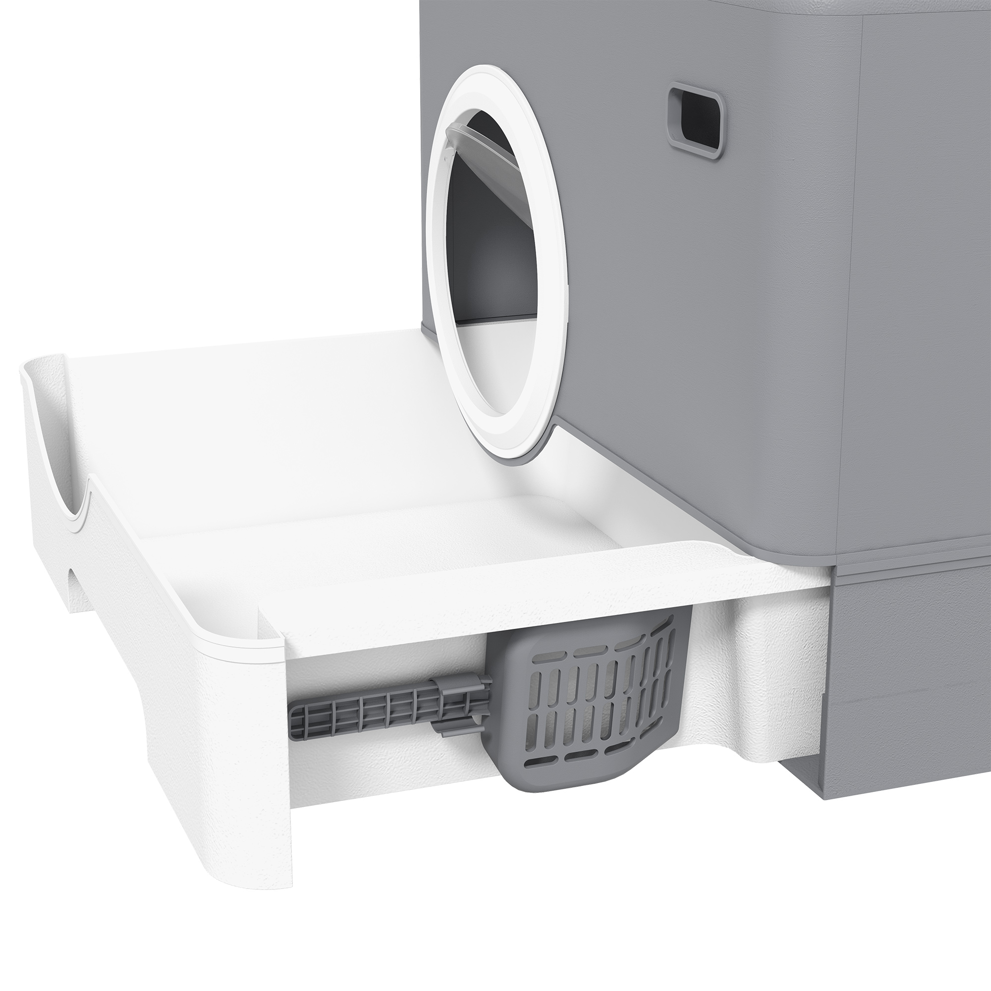 Trasportino grigio con porta bianca aperta e cassetto bianco estraibile con paletta grigia.