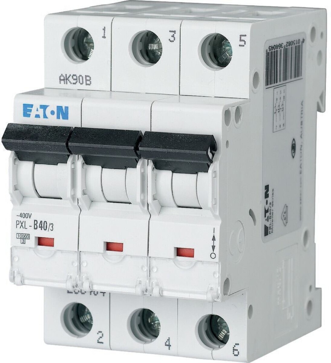 Interruttore Eaton AK90B bianco con tre leve nere e indicatori rossi.