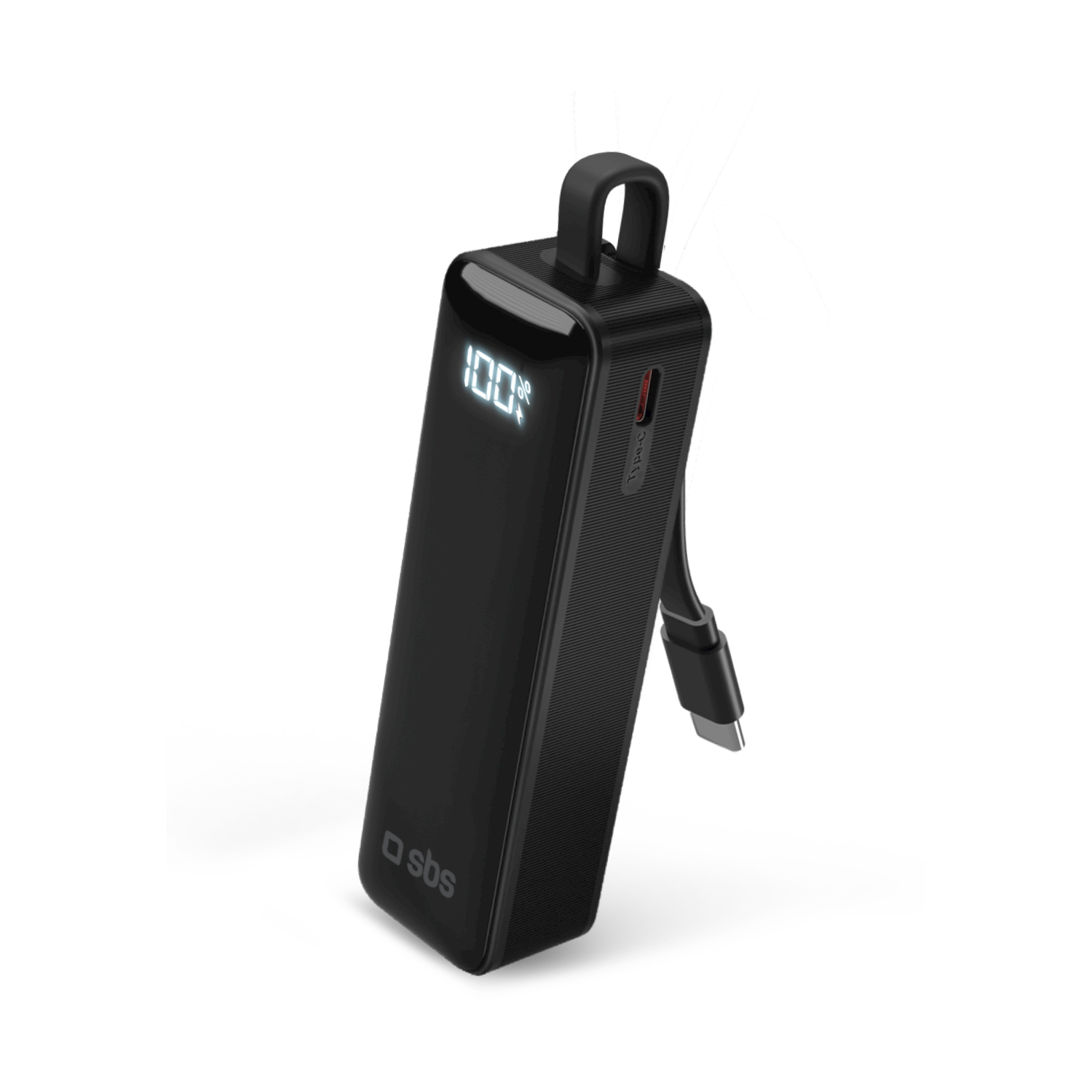 Power bank nero con display al 100% e cavo USB-C.