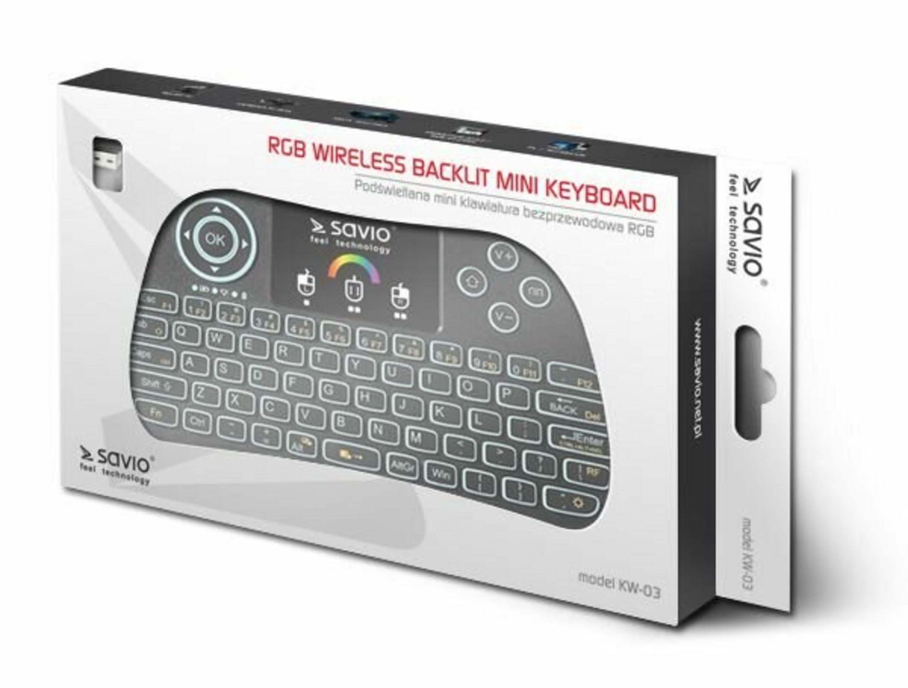 Scatola di una mini tastiera wireless retroilluminata RGB Savio nera, modello KW-03.