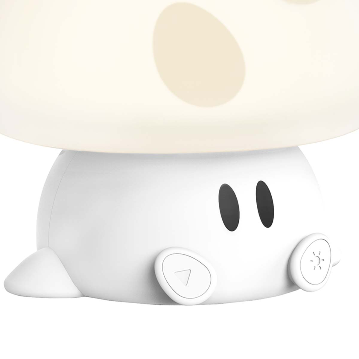 Eine weiße, pilzförmige Lampe mit Cartoon-Gesicht und zwei kleinen Rädern.