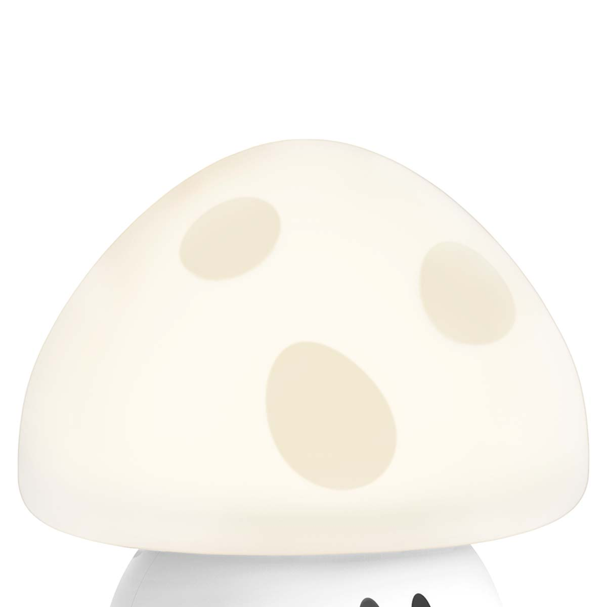 Eine weiße Pilzlampe mit hellen Flecken auf dem Hut.