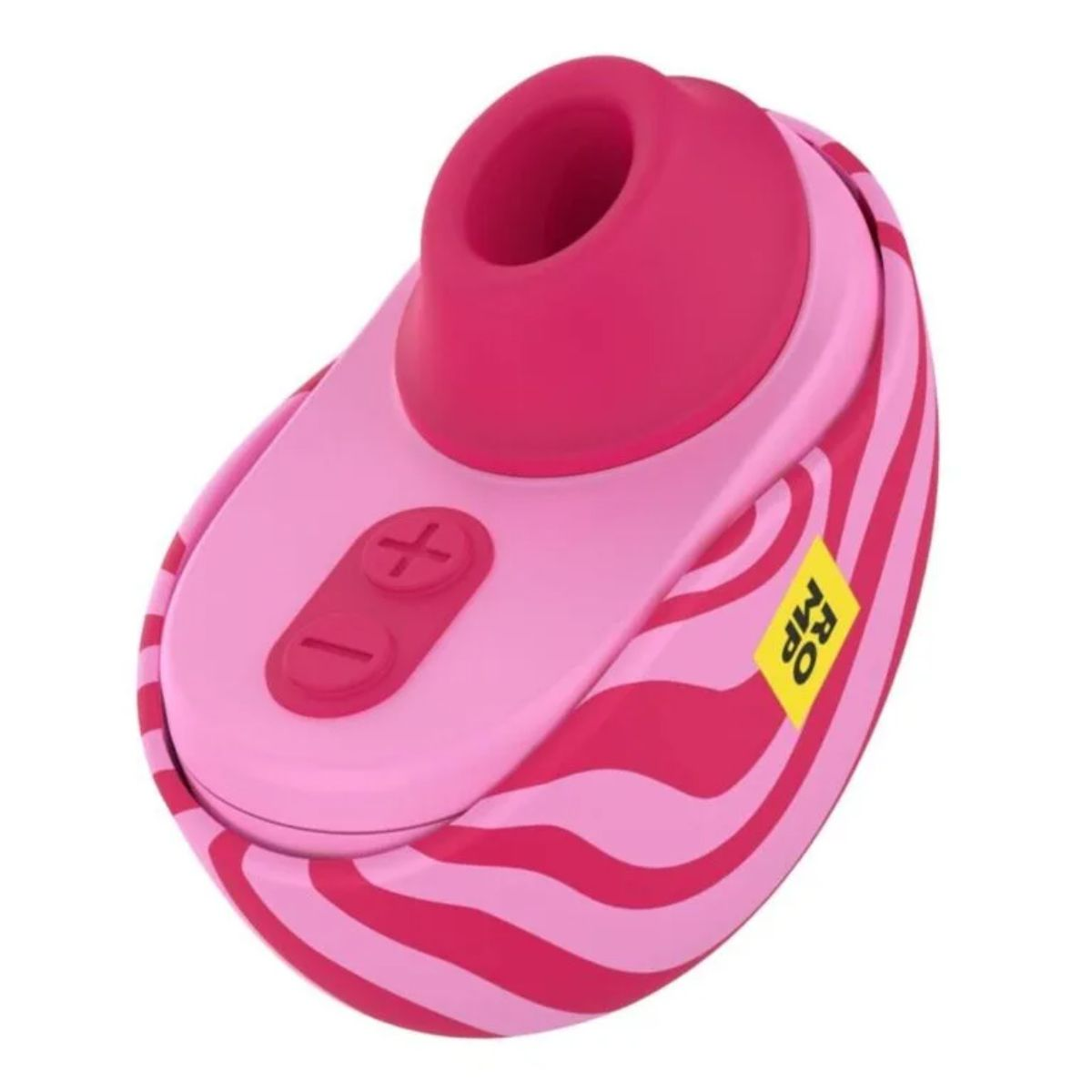 Un vibrador rosa y fucsia con rayas onduladas y botones de más/menos.