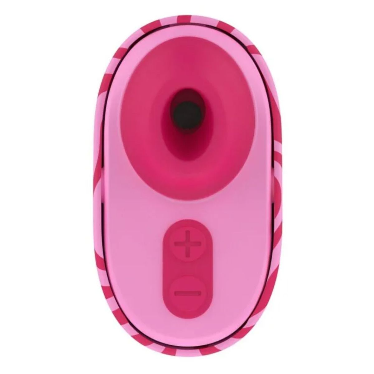 Un dispositivo de bienestar rosa ovalado con zona de succión oscura y botones.