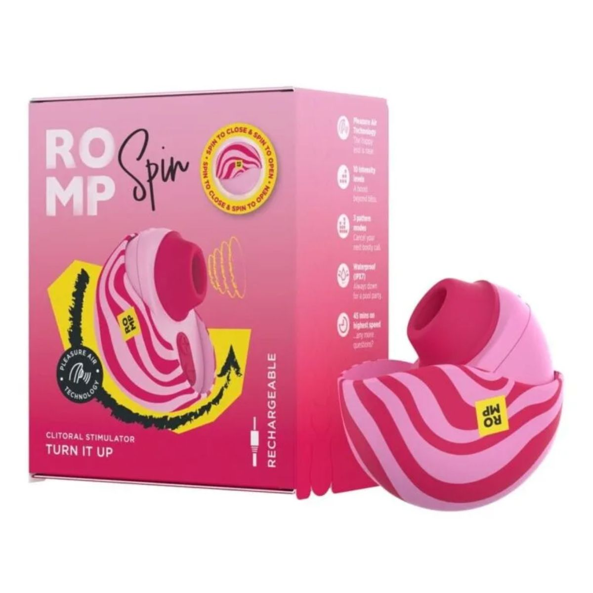 Estimulador de clítoris a rayas rosas y blancas en su caja. El texto dice 'ROMP Spin'.