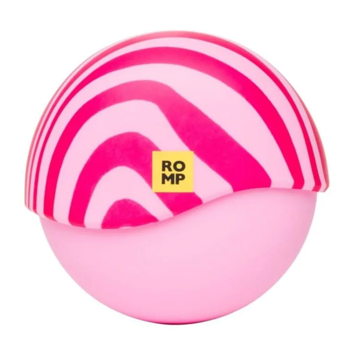 Una tapa abovedada de rayas rosas y blancas sobre una bola rosa sólida con el logo amarillo de Romp.