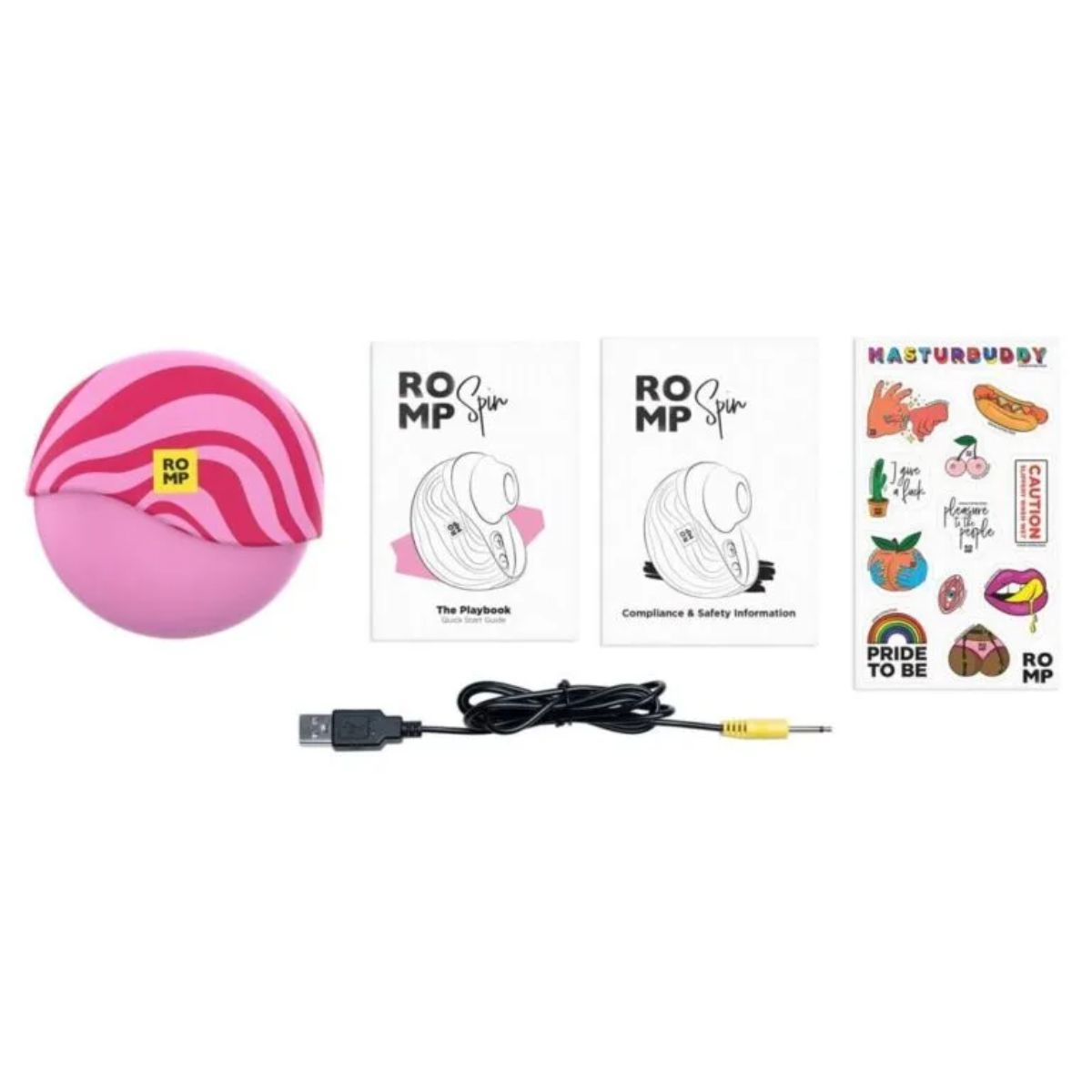 Vibrador rosa con rayas onduladas, manuales, cable USB y hoja de pegatinas.