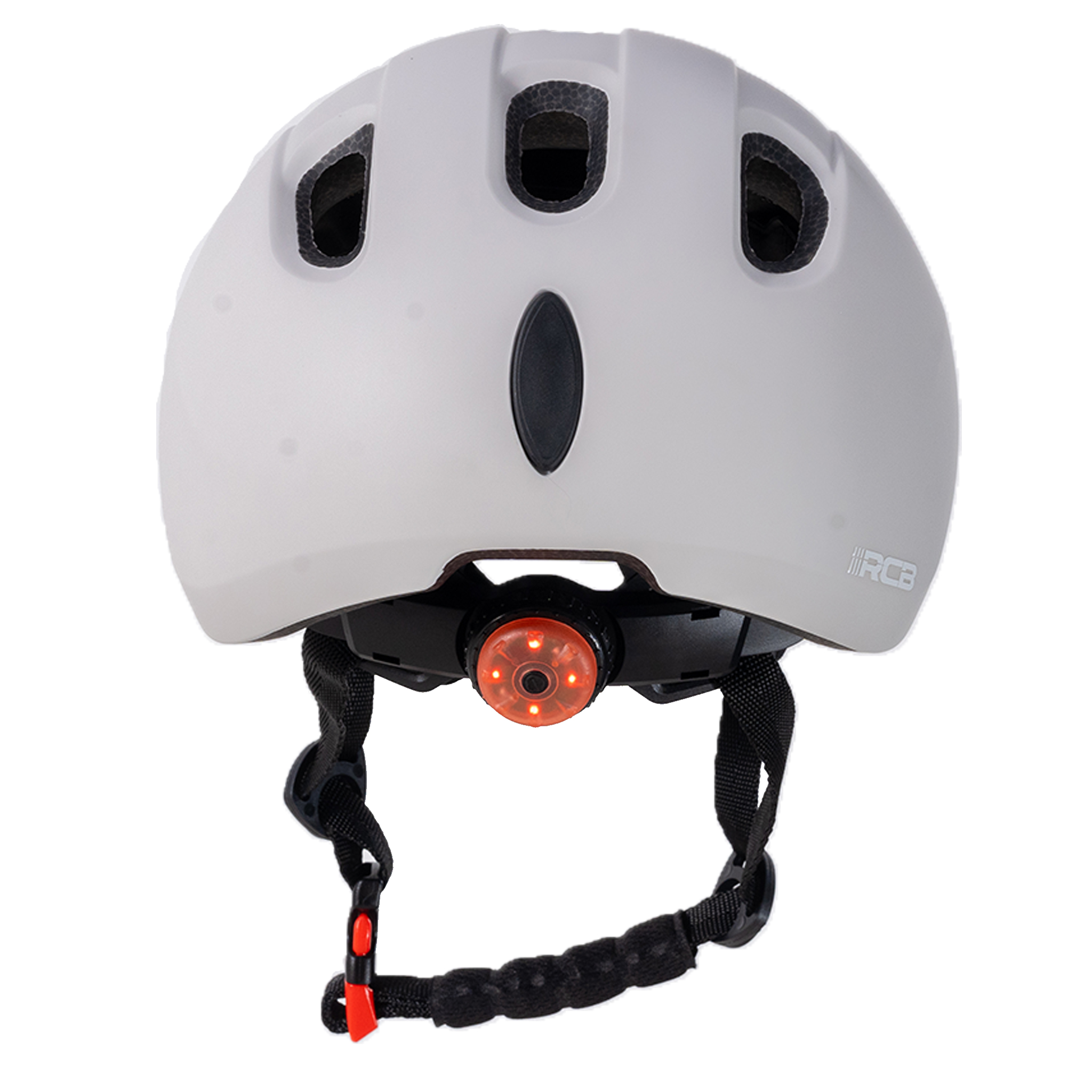 Ein grauer Fahrradhelm mit Belüftungsschlitzen und einem roten Rücklicht.