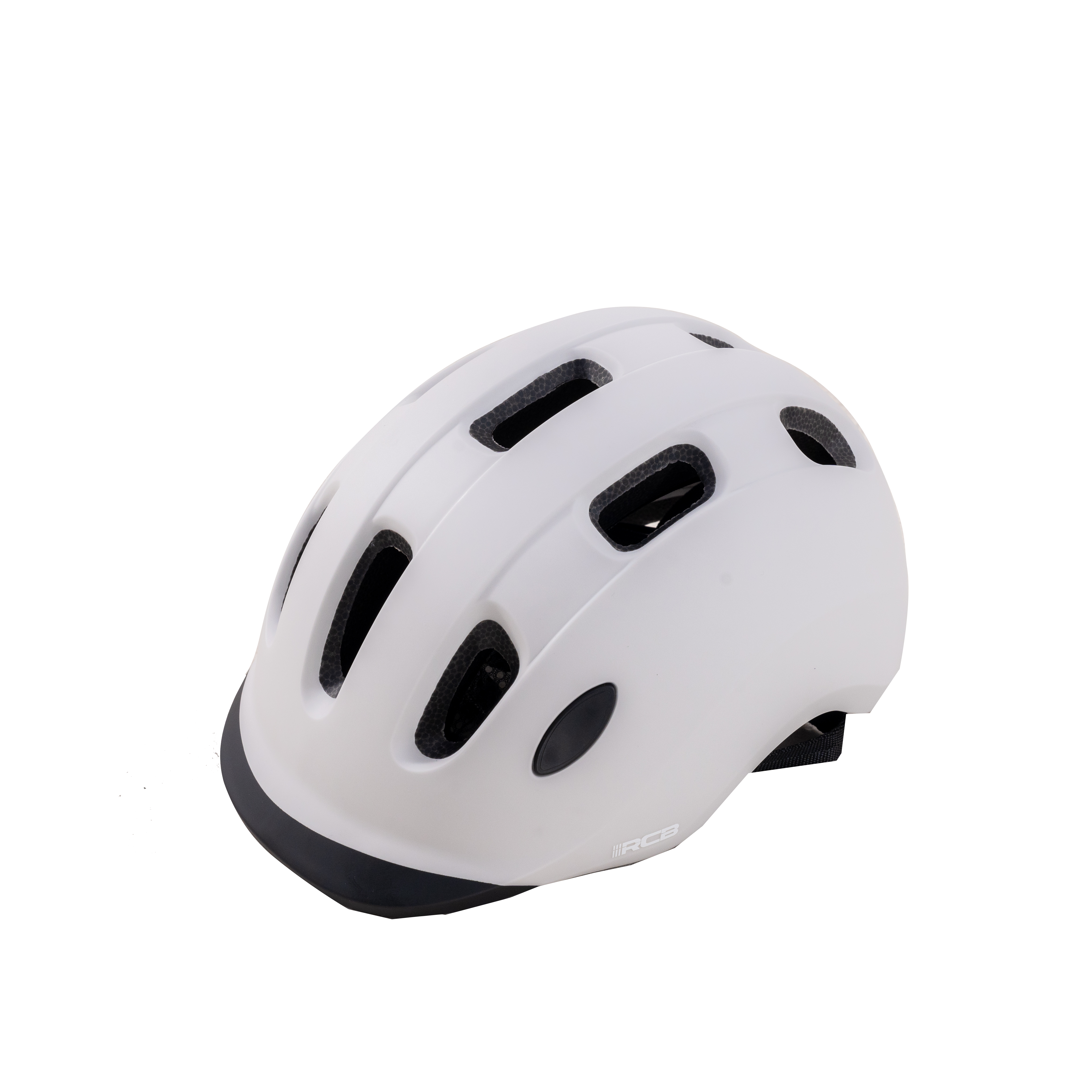Ein weißer Fahrradhelm mit Lüftungsschlitzen und schwarzem Innenfutter.