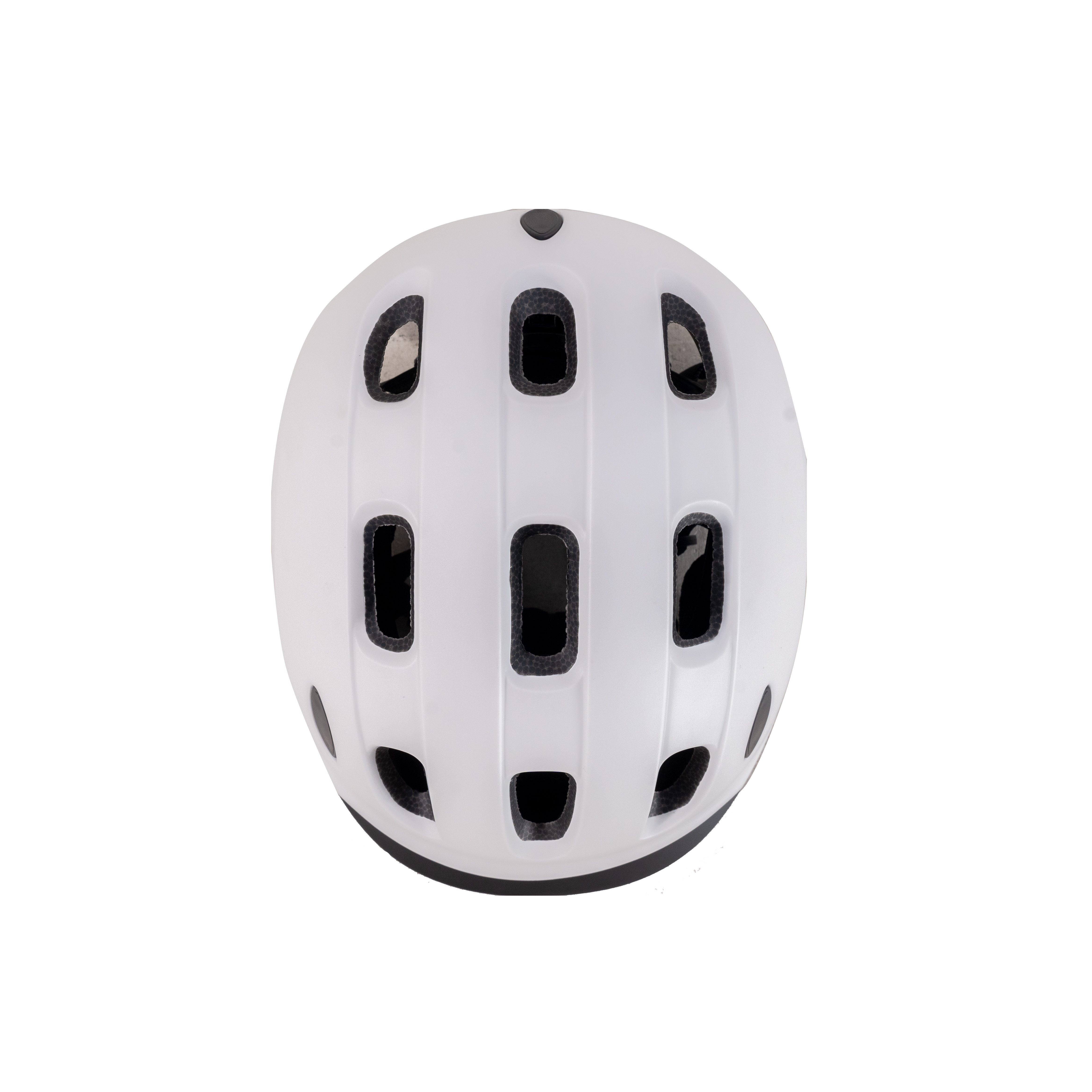Ein weißer Fahrradhelm mit schwarzen Lüftungsschlitzen und Polsterung, von oben auf schwarzem Hintergrund gezeigt.