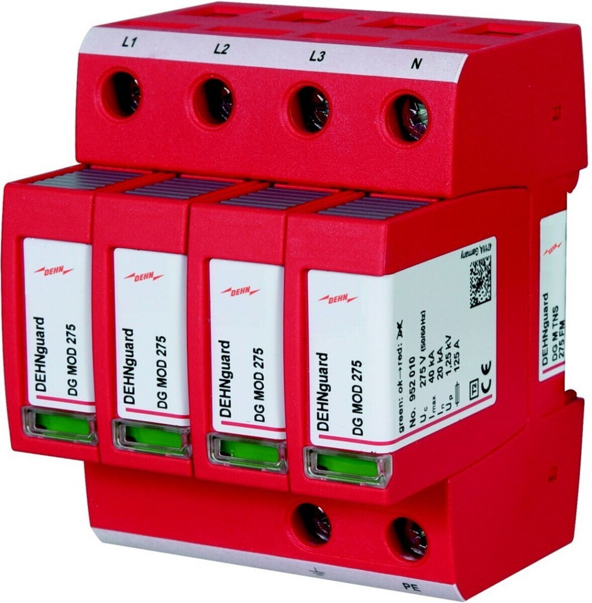 Un scaricatore DEHNguard rosso con quattro moduli, etichettato L1, L2, L3, N.