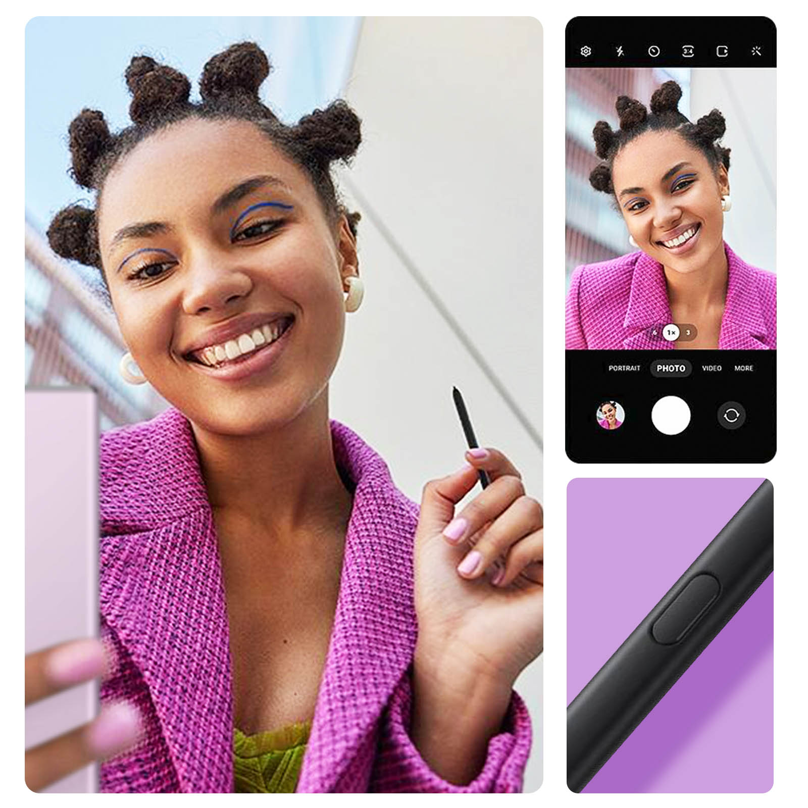 Donna con Bantu knots sorride, tiene uno stilo. Interfaccia fotocamera telefono visibile.
