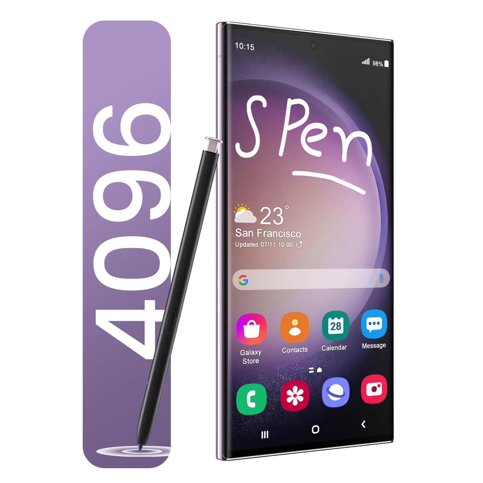 Una S Pen nera poggia contro uno smartphone che mostra l'app S Pen e il meteo. Il numero 4096 è su sfondo viola.