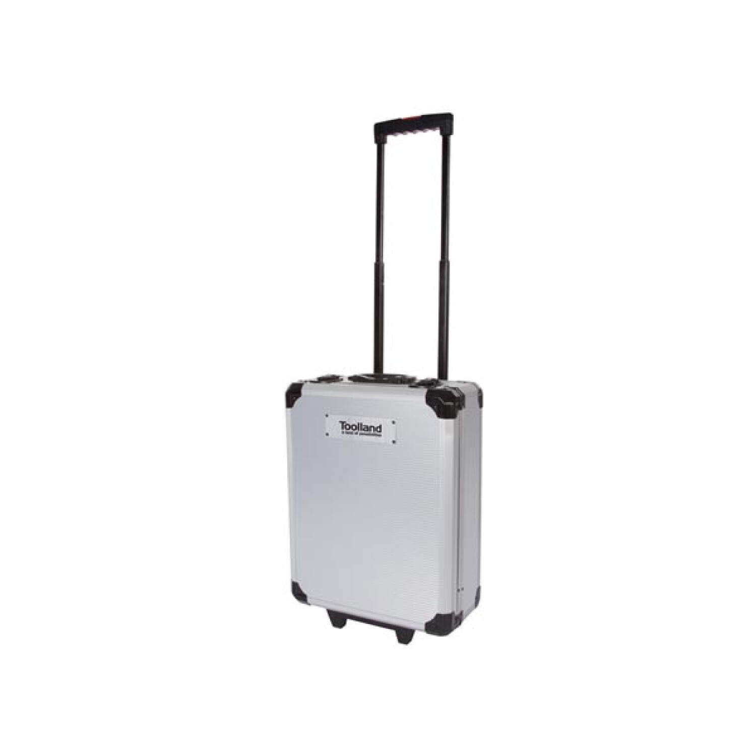 Un trolley argentato con manico e ruote nere, su sfondo bianco.