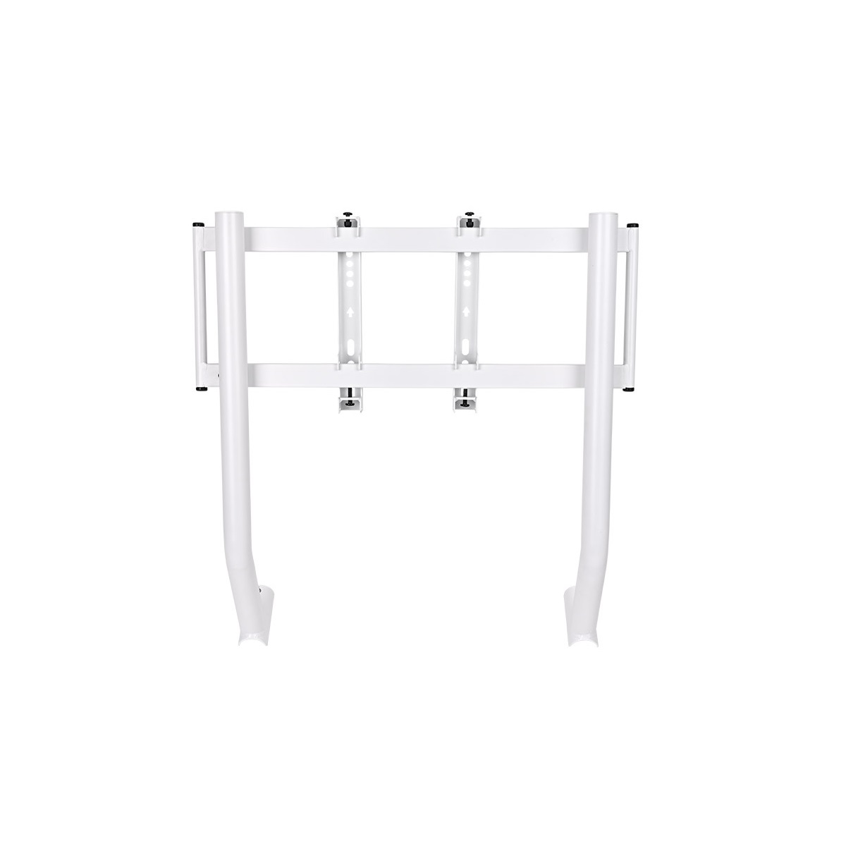 Een witte tv-muurbeugel met verstelbare armen en een horizontale stang.