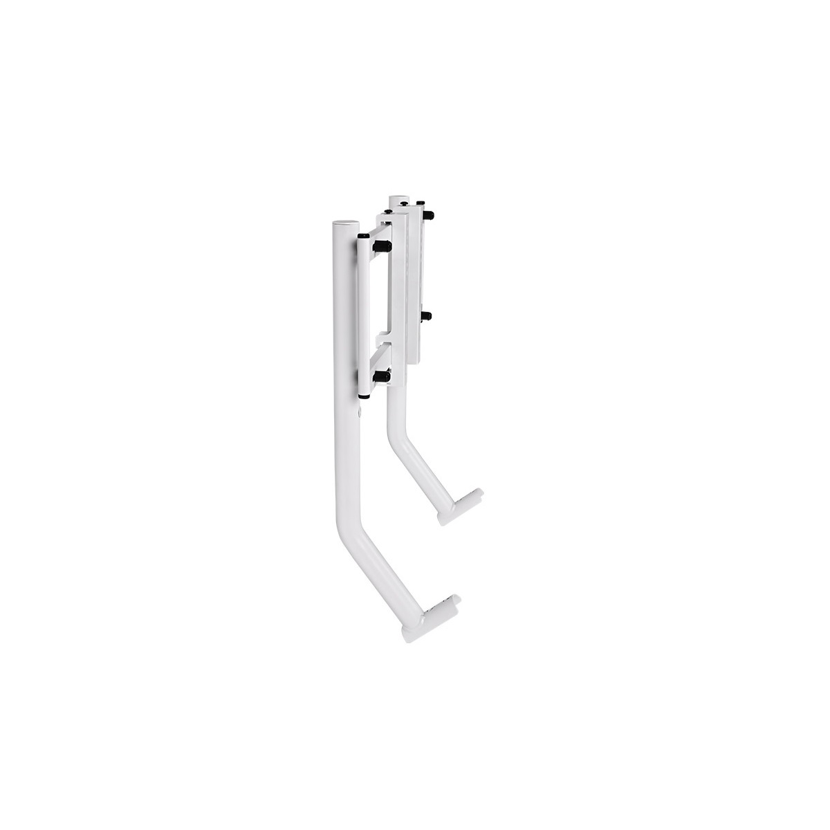 Wit metalen frame met schuine poten en zwarte bevestigingen, geïsoleerd op wit.