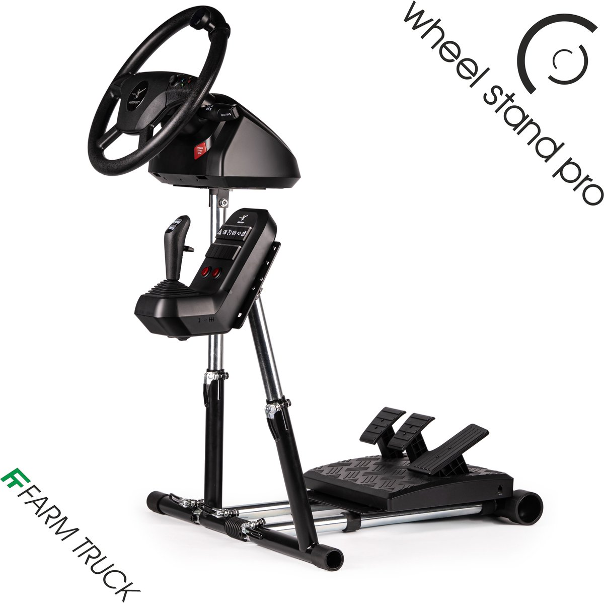 Un volant de jeu noir, joystick et pédales sur un support. Texte : wheel stand pro, FARM TRUCK.